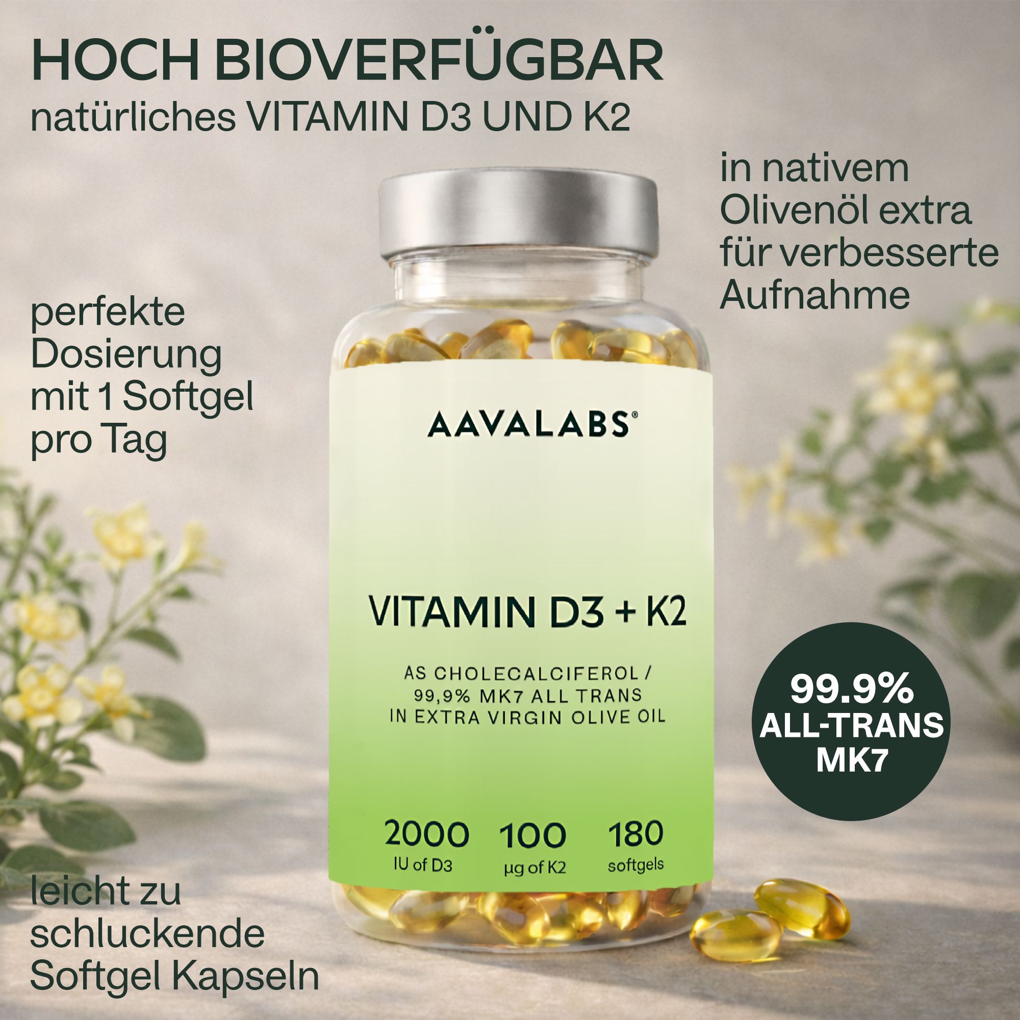 Klarflasche mit Kapseln. Aufschrift: AAVALABS, Vitamin D3 + K2. 2000 IE D3, 100 µg K2. Kapseln.