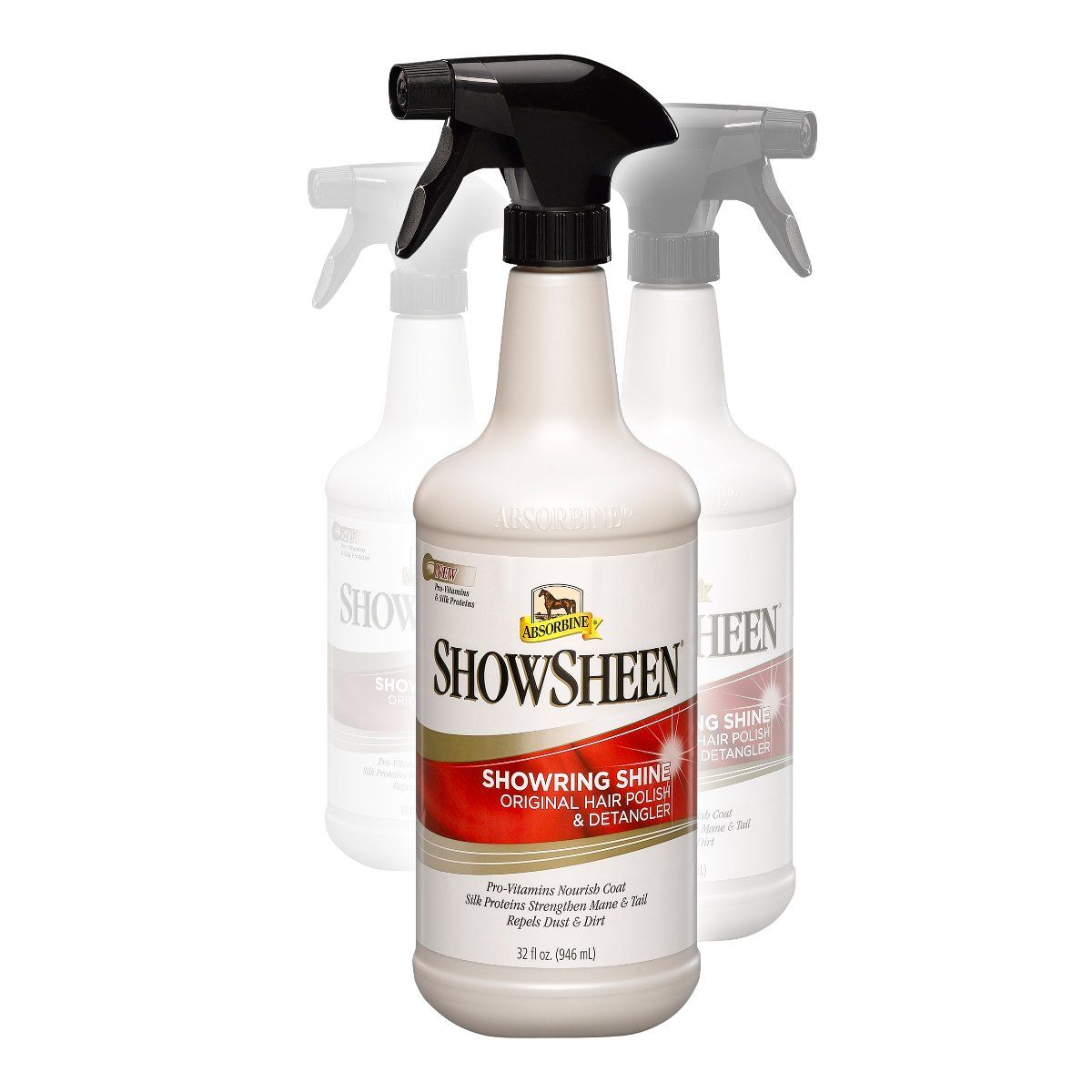Flasche mit schwarzem Sprühkopf. Aufschrift SHOWSHEEN, darunter SHOWRING SHINE. Rote und goldene Akzente. 3 Flaschen im Bild.