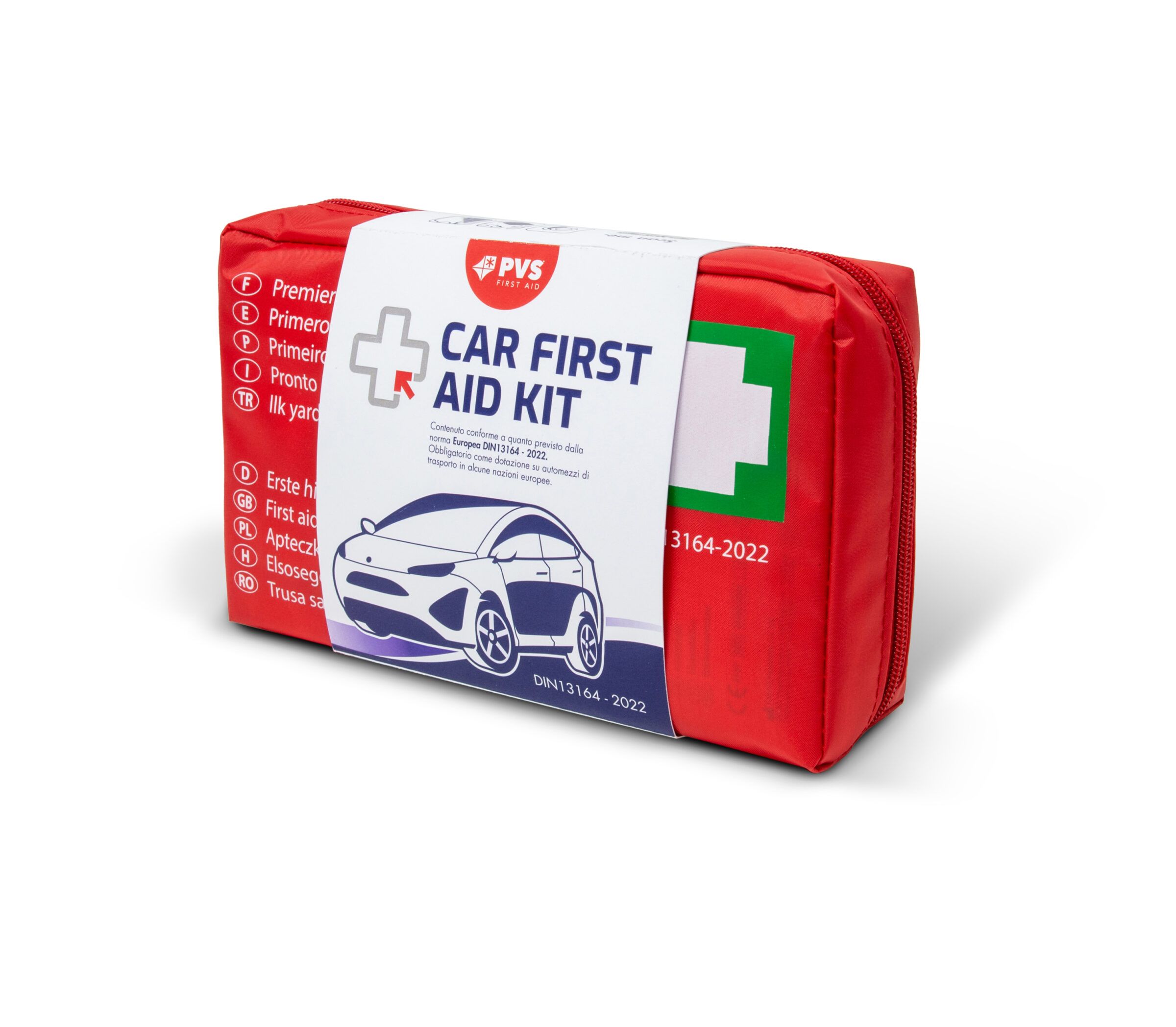 Rote Erste-Hilfe-Tasche für Autos mit weißem Aufkleber. Aufkleber mit Text: Car First Aid Kit und Logo.
