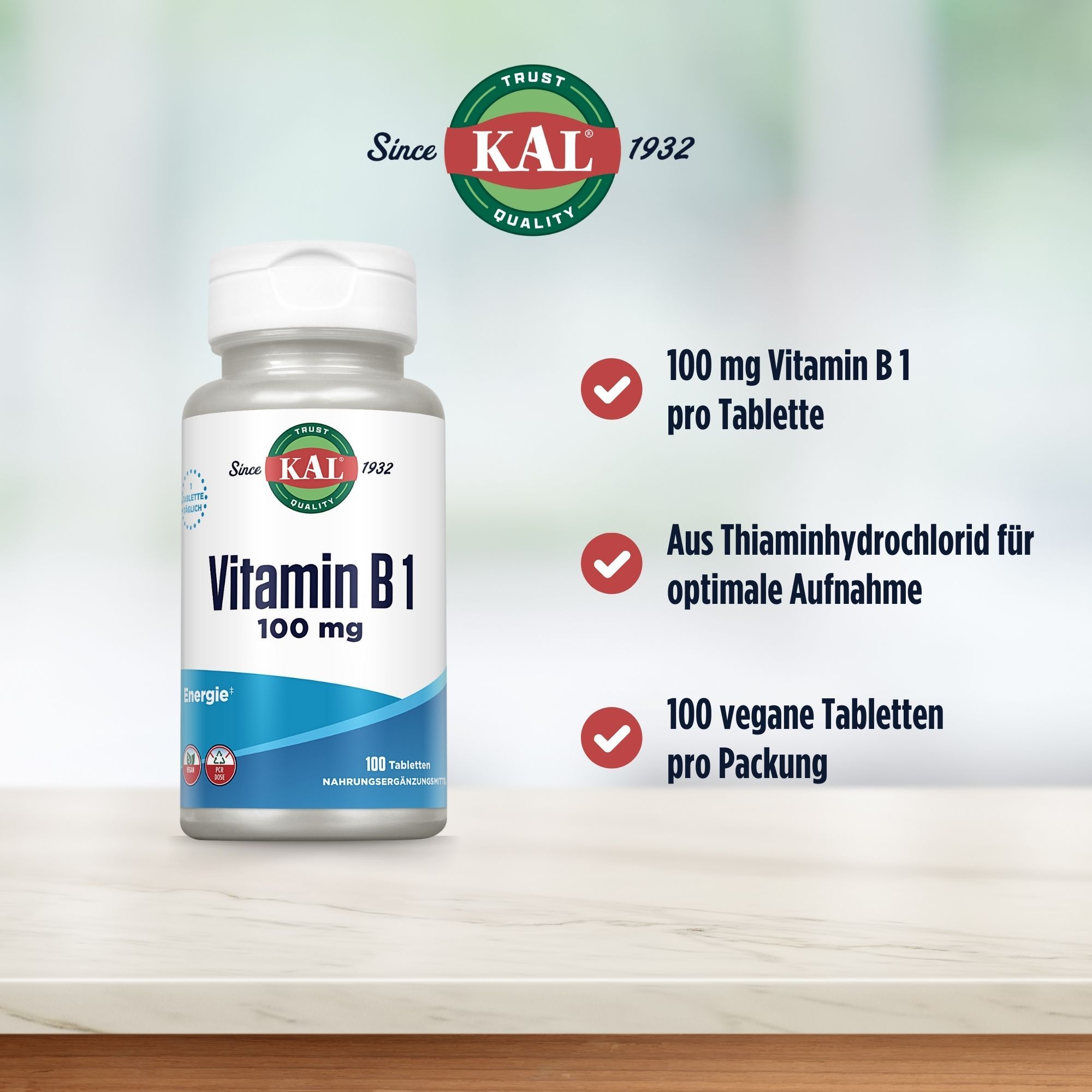 Flasche KAL Vitamin B1 100 mg mit Hinweisen zu Inhaltsstoffen und veganer Herstellung.