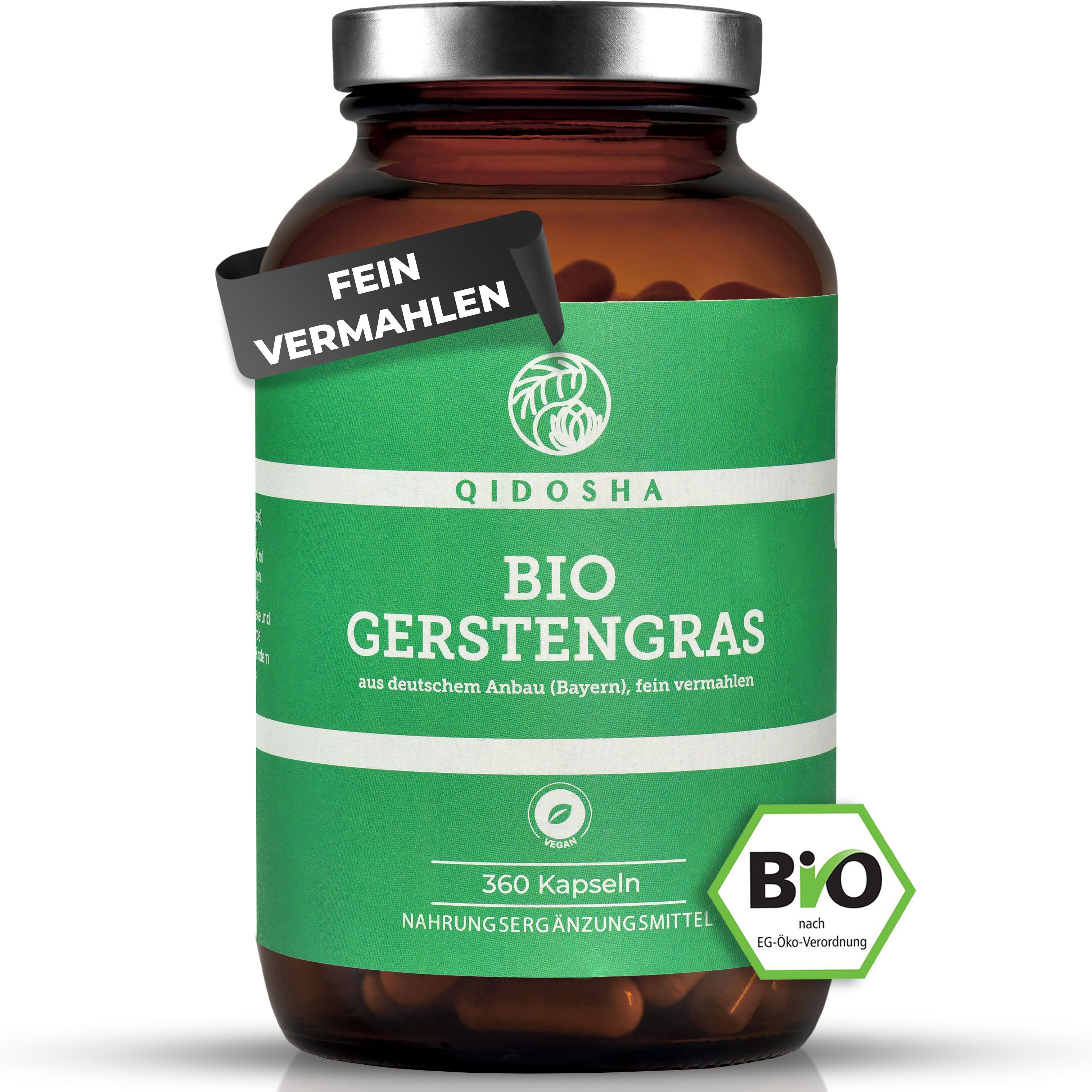 Braune Glasflasche mit grünem Etikett. Aufschrift: QIDOSHA Bio Gerstengras. Bio-Siegel. 360 Kapseln. Aufkleber: Fein vermahlen.