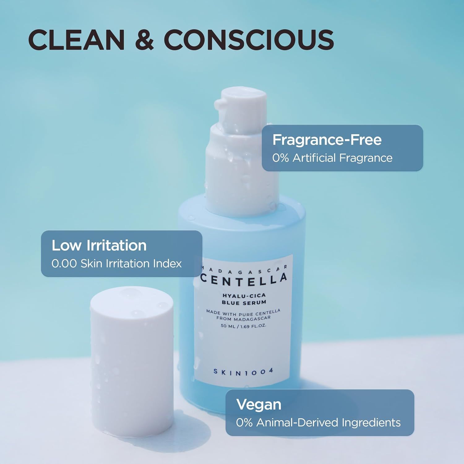 Hellblaues Serum mit weißem Deckel. Text: HYALU-CICA BLUE SERUM. SKIN1004. Text: Fragrance-Free, Low Irritation, Vegan.