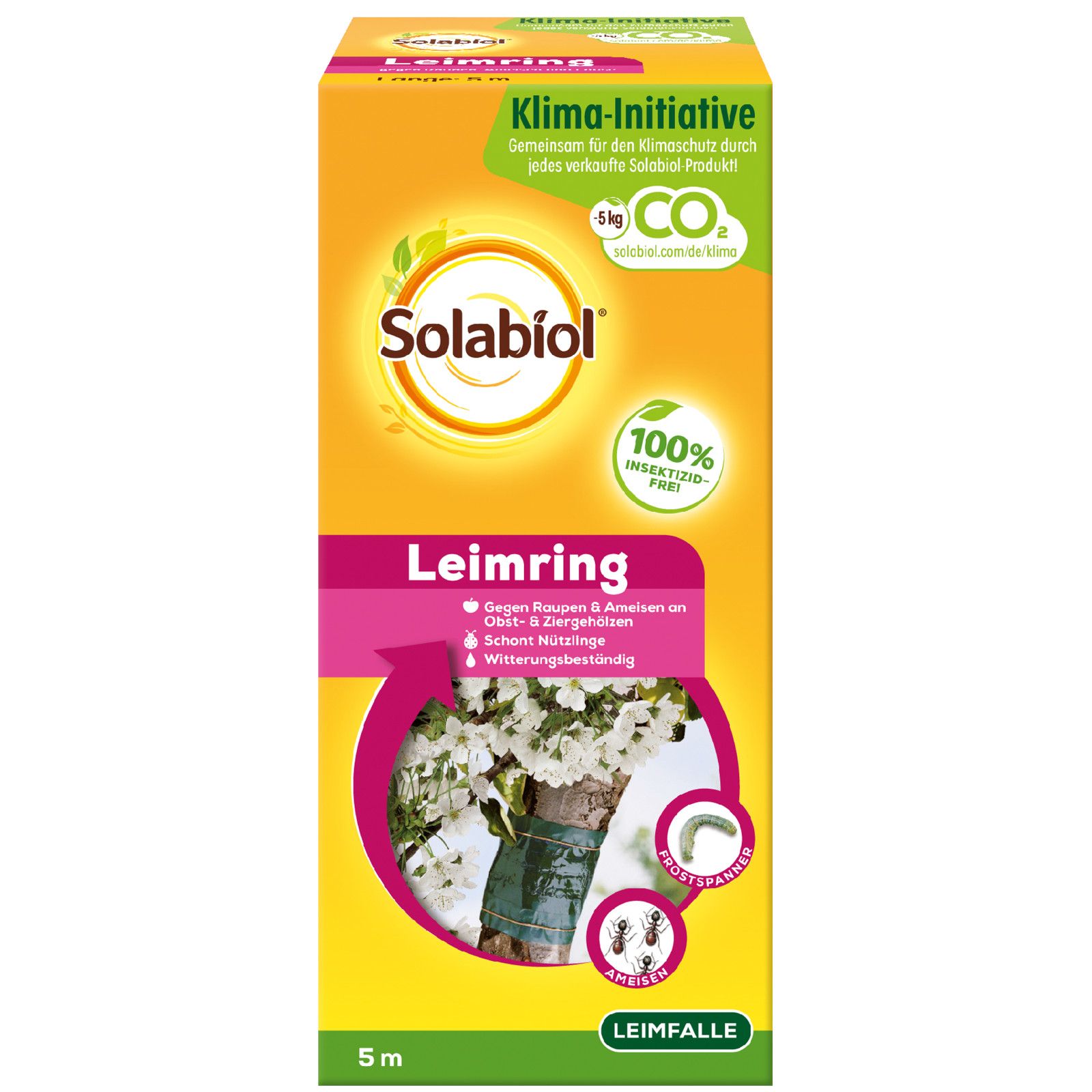 Verpackung von Solabiol Leimring. Enthält 5 m Klebefalle. Mit Logo, Text und Illustrationen.