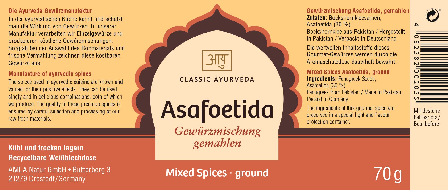 Etikett mit Produktinformationen. Asafoetida Gewürzmischung, Classic Ayurveda. Zutaten, Herkunft, Gewicht 70g.