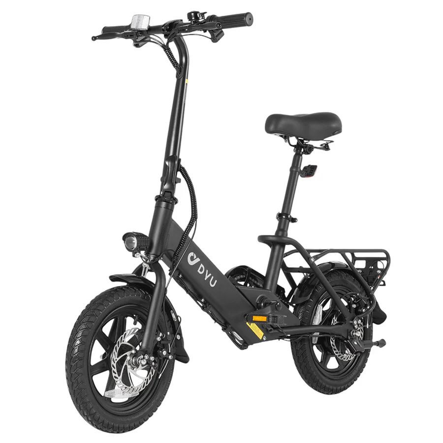 Schwarzes DYU C3 Elektrofahrrad. Frontansicht, leicht schräg. Klapprahmen, Gepäckträger, Scheinwerfer, Sattel. DYU-Logo.