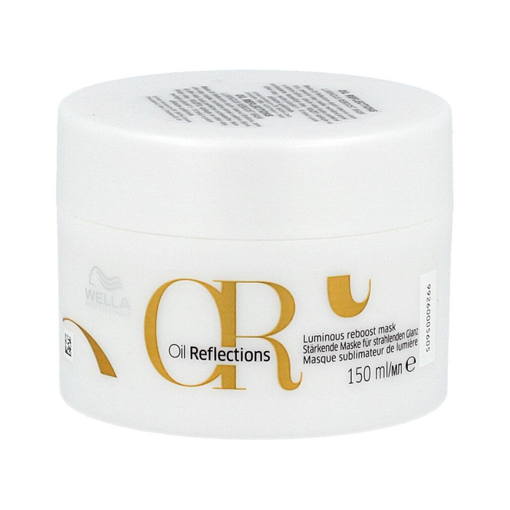 Weiße Dose mit goldfarbenem Schriftzug "CR Oil Reflections". Text: "Luminous reboost mask", "150 ml". Marke: Wella.