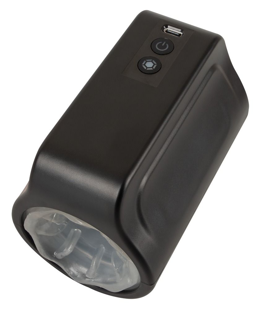 Schwarzes, rechteckiges Gerät mit USB-Anschluss und Bedienelementen. Transparentes Material an einem Ende.