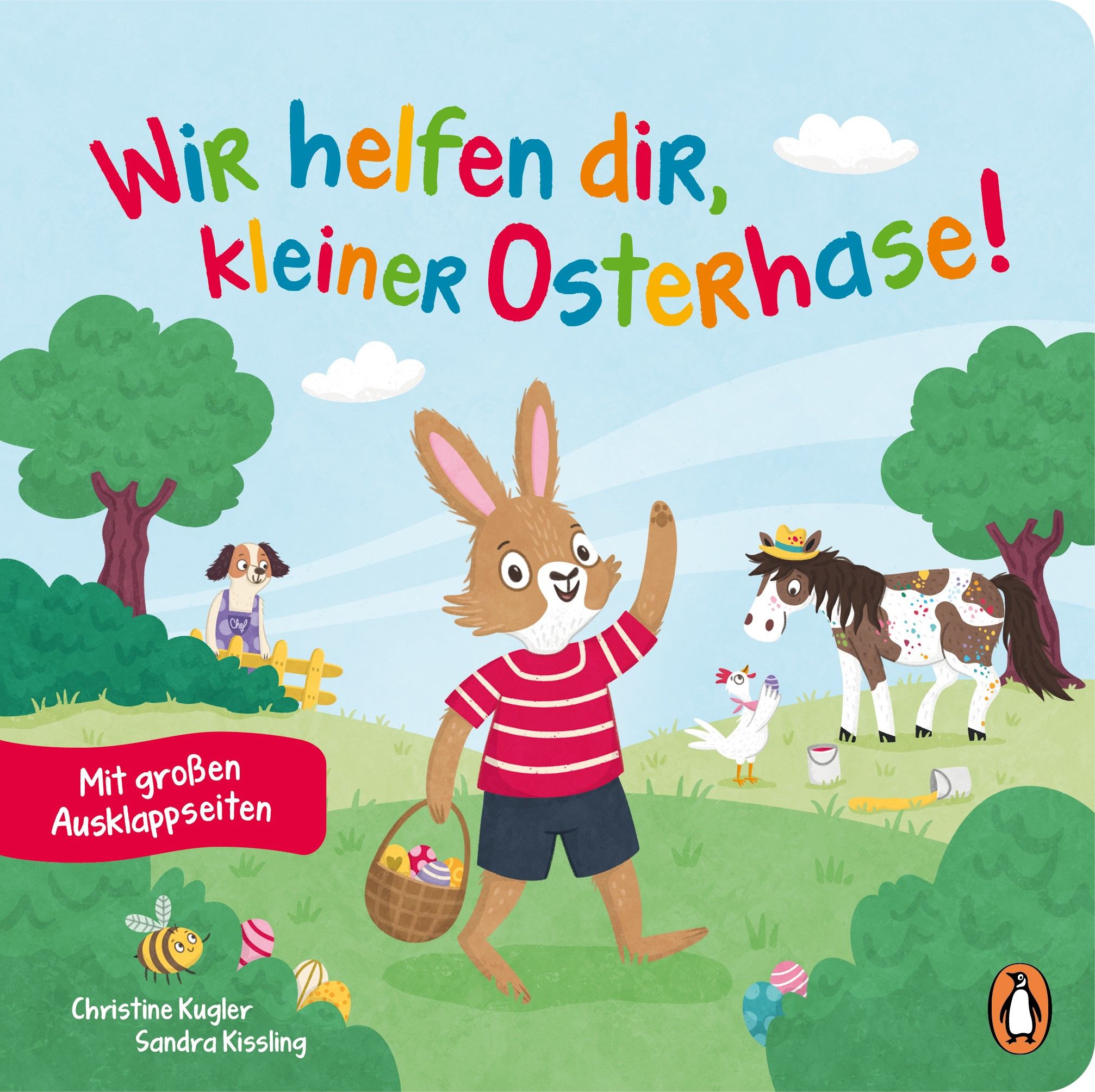Kinderbuchcover mit Hase, Pferd und Huhn. Titel: Wir helfen dir, kleiner Osterhase! Autorinnen: Christine Kugler, Sandra Kissling.