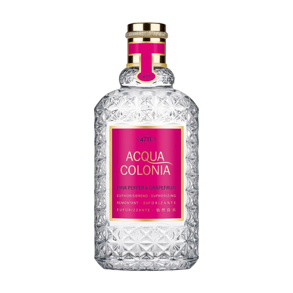 Acqua Colonia Flakon mit rosa Etikett und goldenem Verschluss.