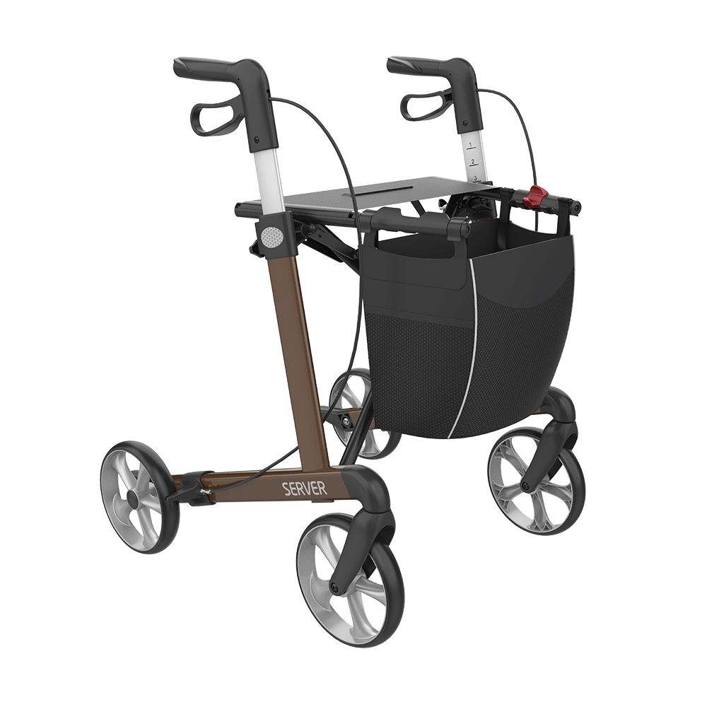 Rollator mit braunem Rahmen, schwarzem Korb und grauen Rädern. Der Name "SERVER" ist sichtbar.