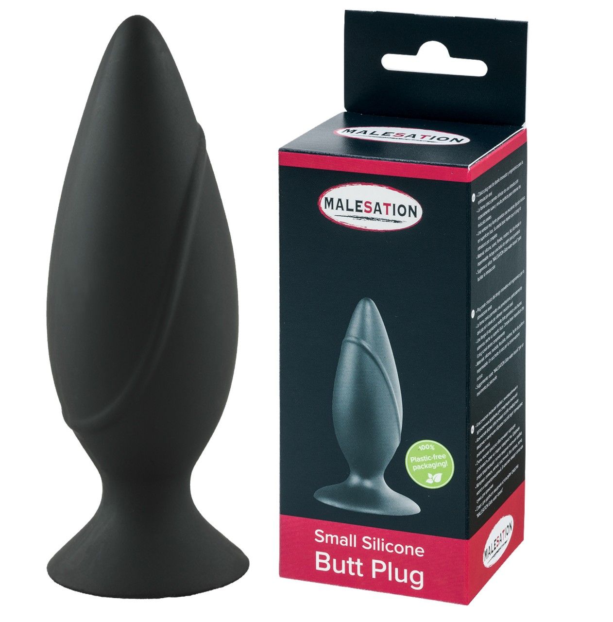 Schwarzer Silikon-Butt Plug und Verpackung. Verpackung mit Produktabbildung und Schriftzug MALESATION. Text: Small Silicone Butt Plug.