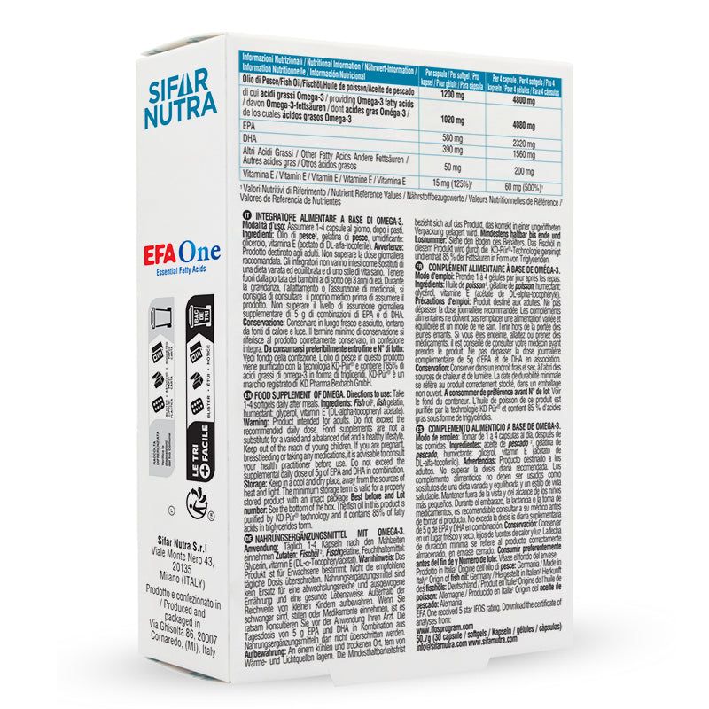 Rückseite der Packung Sifar Nutra EFA One. Informationen zu Inhaltsstoffen, Nährwerten und Anwendung.