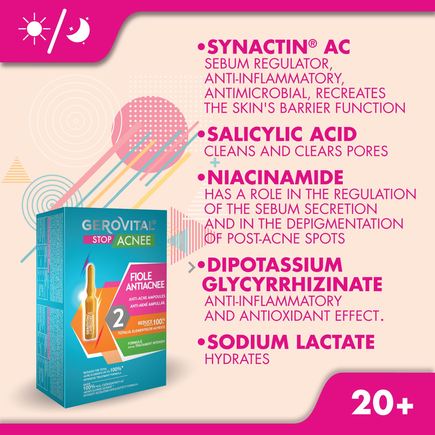 Produktverpackung mit "Gerovital Stop Acne". Auf der Verpackung ist eine Ampulle abgebildet.