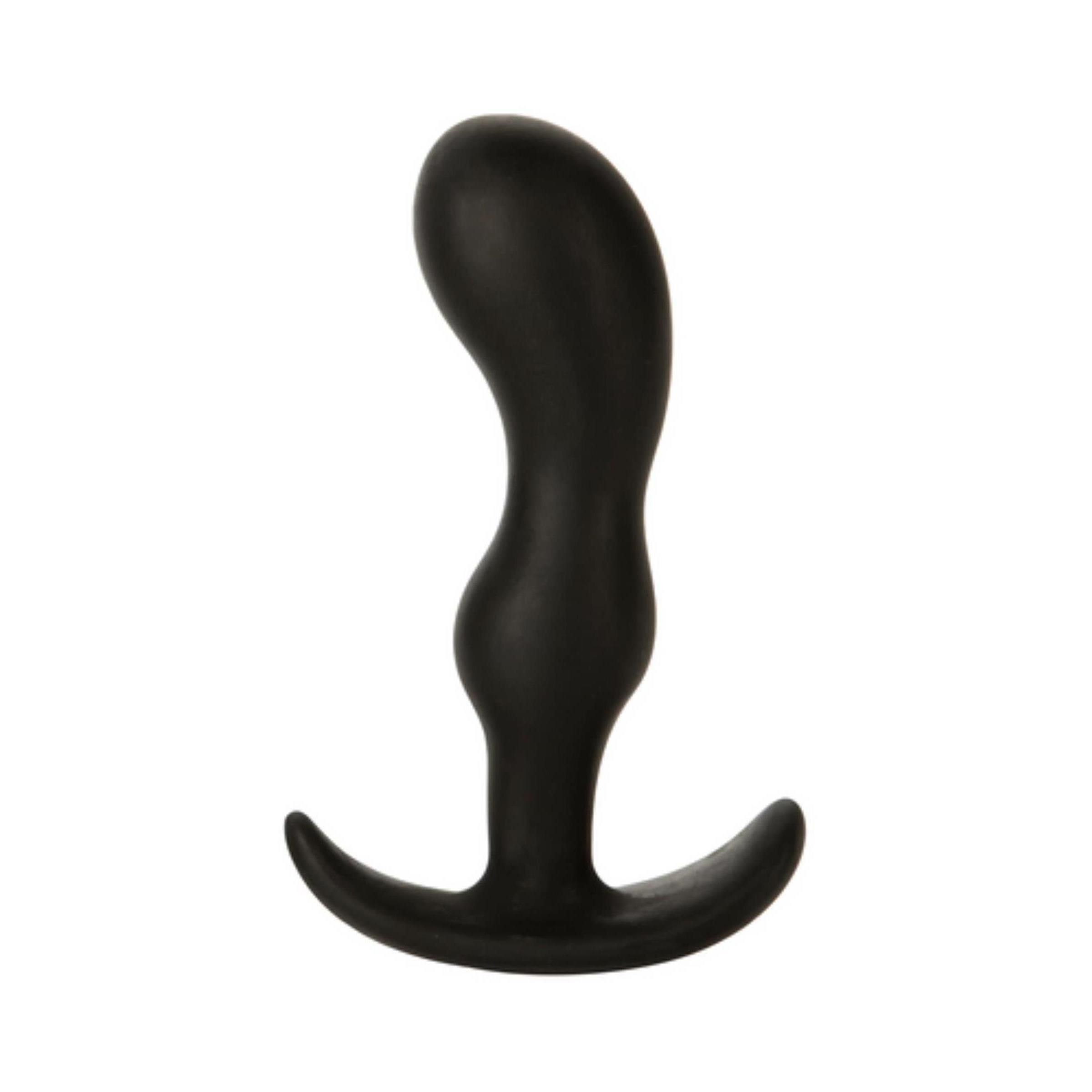 Schwarzer Analplug. Geformt mit gebogenem Schaft und T-förmiger Basis. Aus glattem Material.