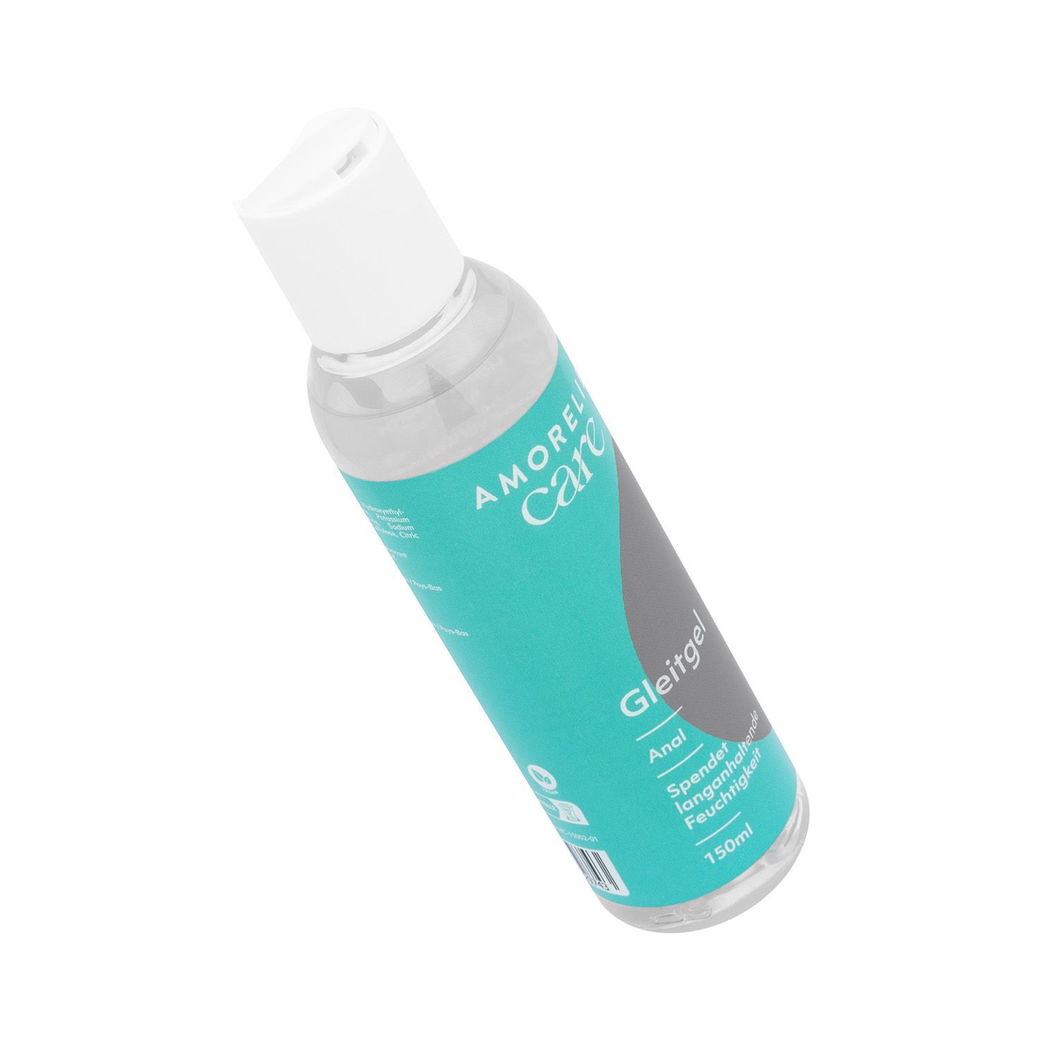 Flacon incliné à bouchon blanc. Étiquette turquoise avec AMORELIE care et Gleitgel. 150ml.