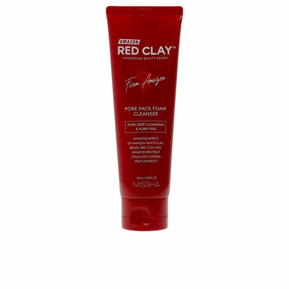 Rote Tube mit Text: Amazon Red Clay Pore Pack Foam Cleanser. Marke: MISSHA. Produkt auf weißem Hintergrund.