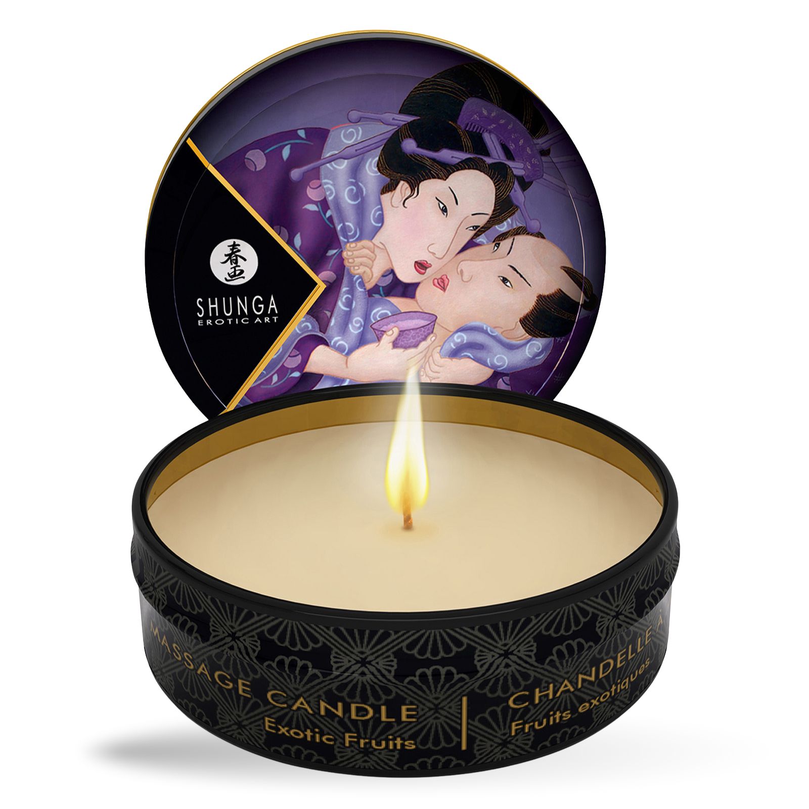 Massagekerze mit Aroma Exotic Fruits. Runde Dose mit Deckel. Geisha-Illustration. Brennende Kerze.