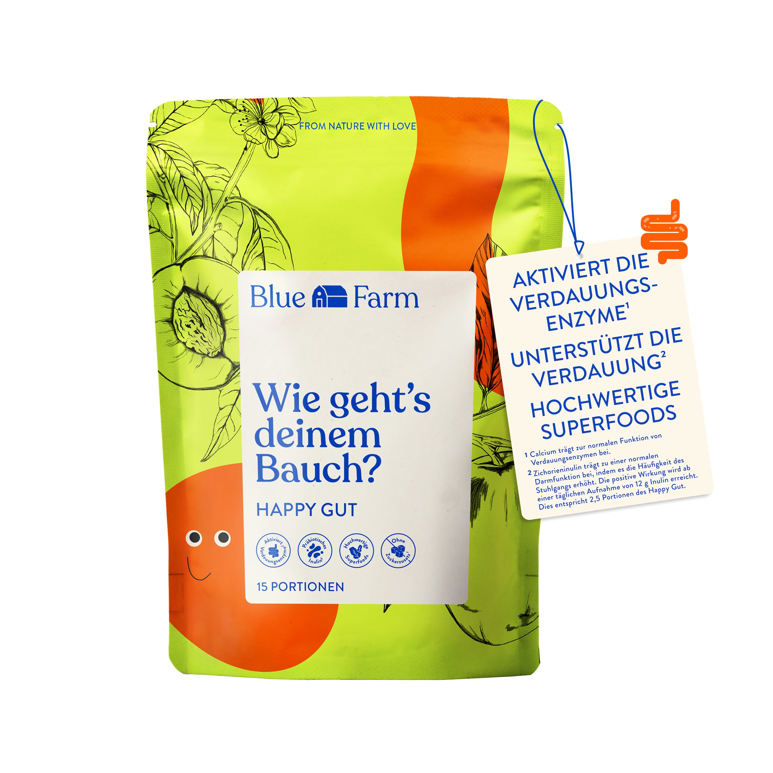 Beutel mit Produkt Happy Gut. Aufschrift: Wie geht's deinem Bauch? Mit 15 Portionen. Anhänger mit Text: Aktiviert Enzyme, unterstützt Verdauung.