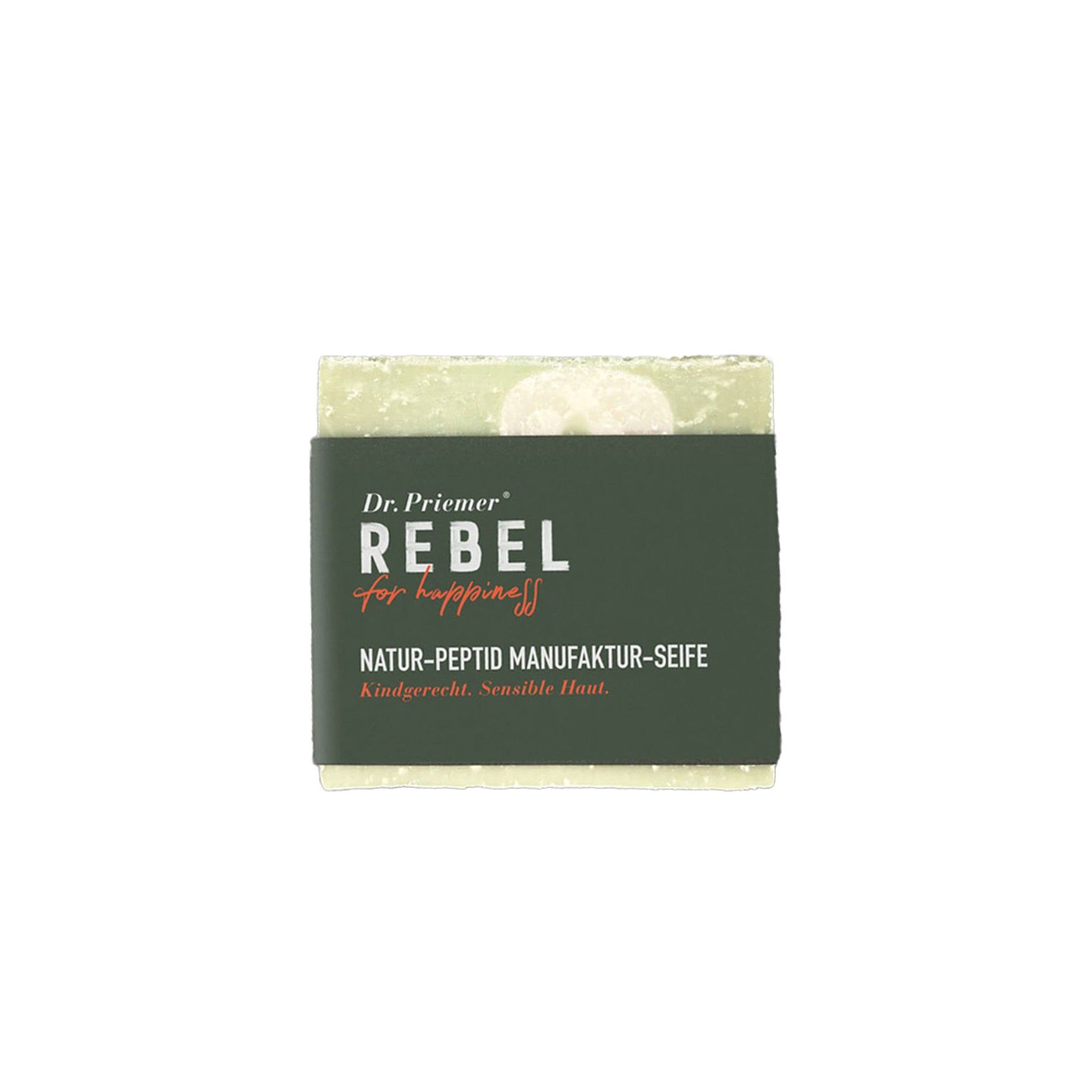 Seife mit grünlicher Farbe und dunkler Banderole. Aufschrift: Dr. Priemer, REBEL for happiness, Natur-Peptid Manufaktur-Seife.