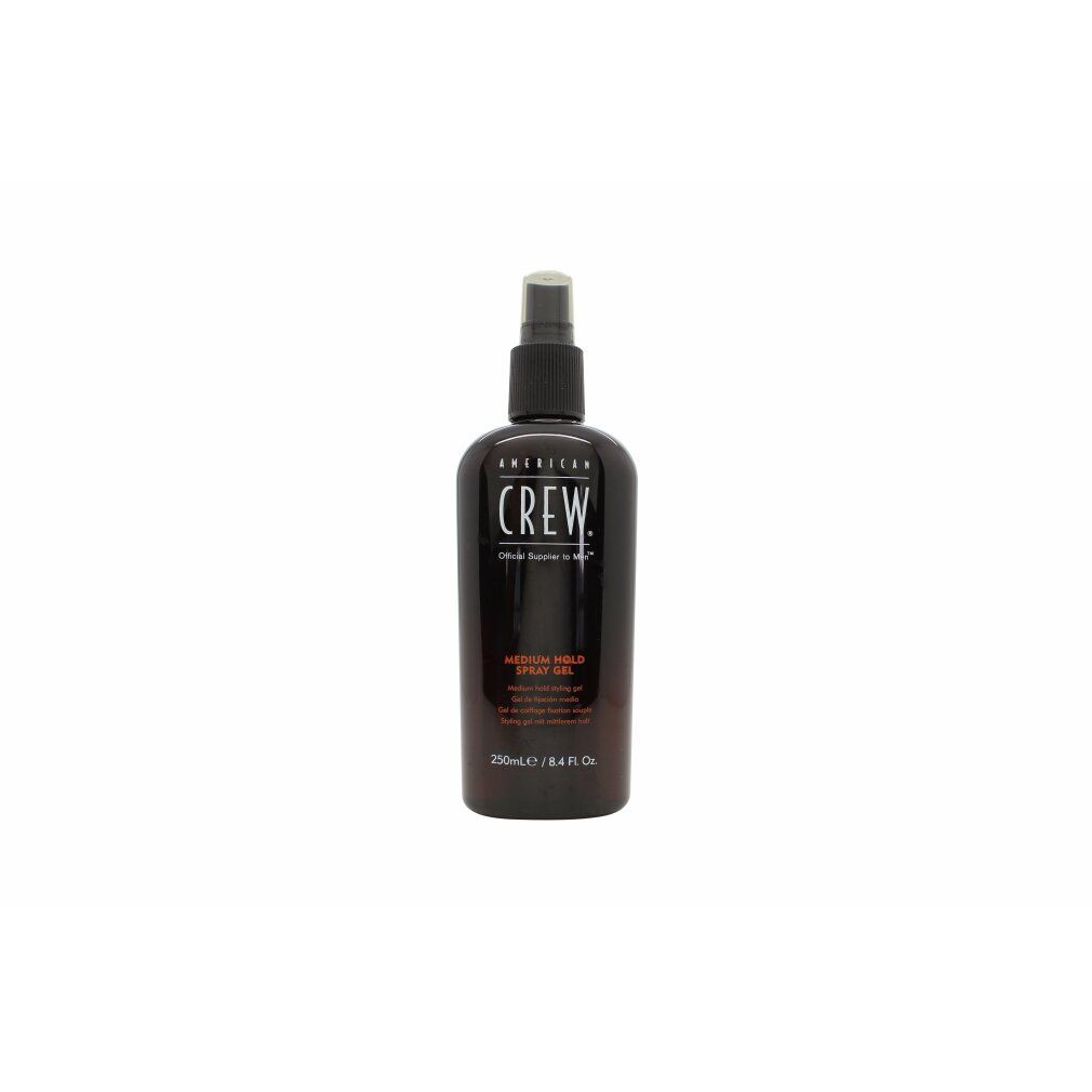 Braune Flasche mit schwarzem Sprühkopf. Aufschrift: CREW, MEDIUM HOLD SPRAY GEL. Volumen: 250 ml.