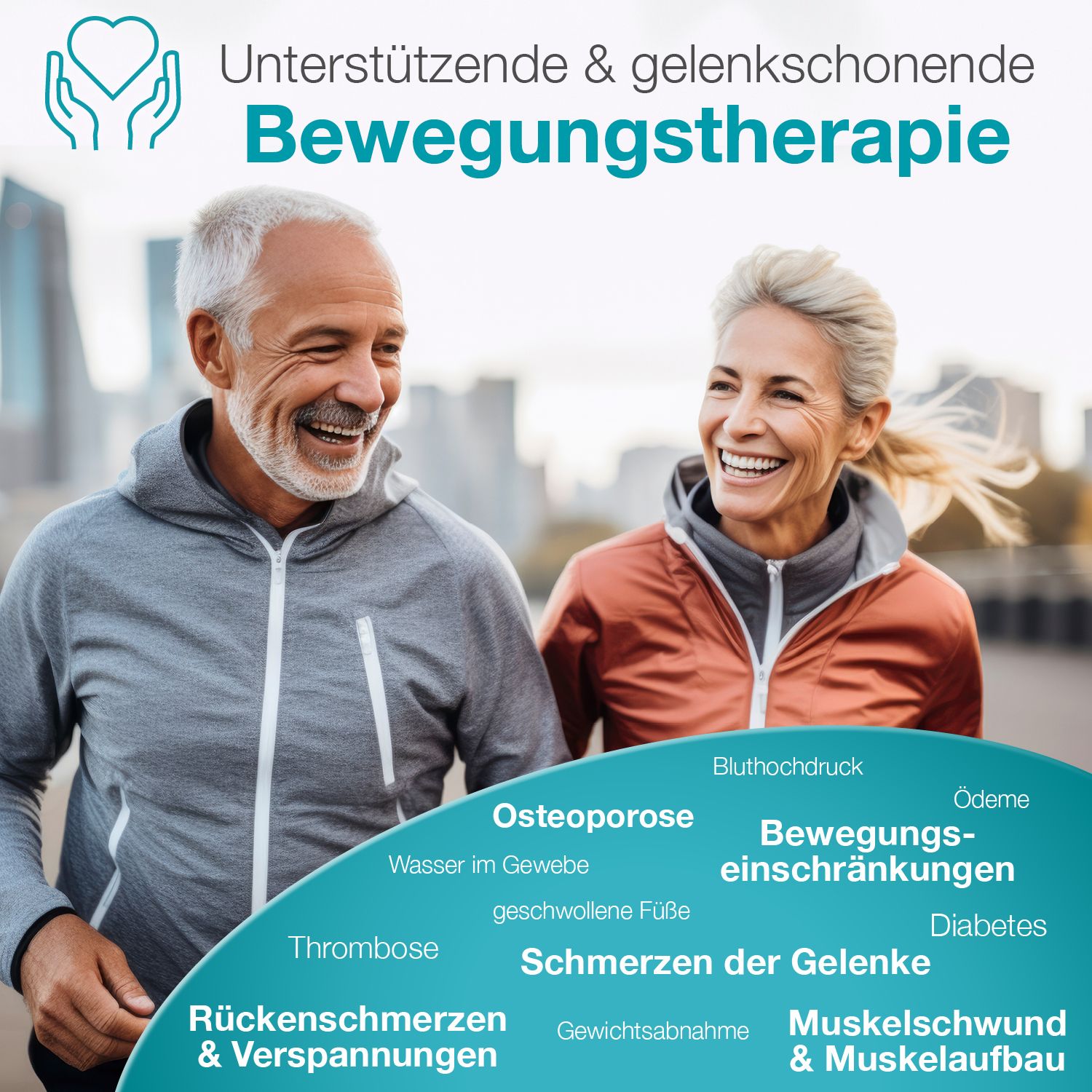 Älteres Paar lächelt. Text: Unterstützende & gelenkschonende Bewegungstherapie. Auflistung von gesundheitlichen Problemen.