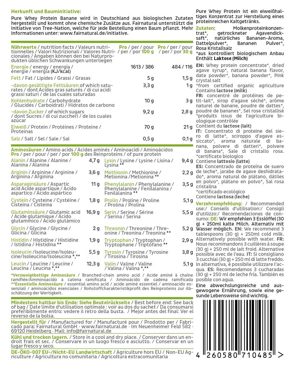 Rückseite FAIRNATURAL Bio Whey Protein Banane: Nährwertangaben, Zutatenliste und Bio-Siegel.