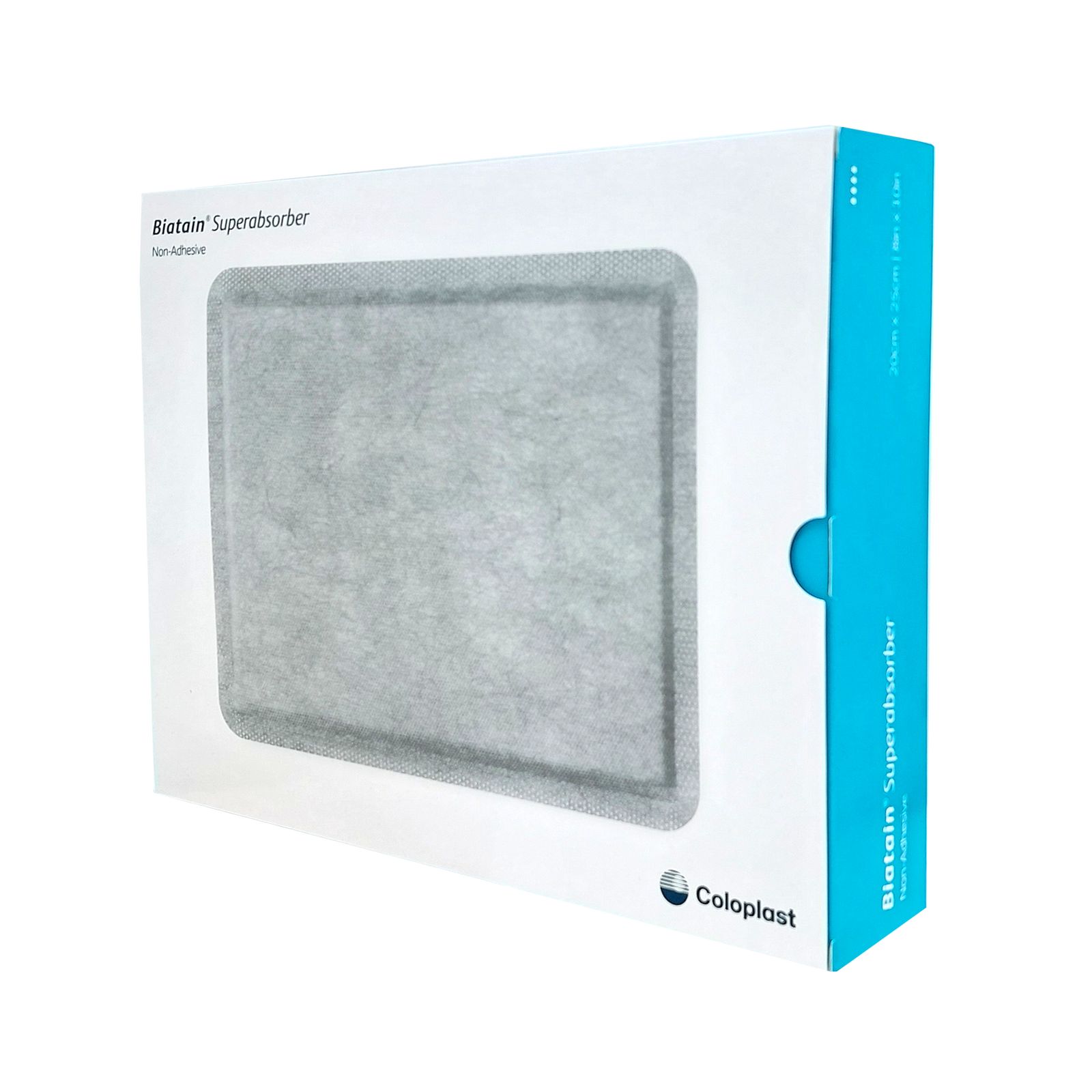 Verpackung mit BIATAIN Superabsorber. Rechteckige, graue Wundauflage sichtbar. Marke und Produktname auf der Verpackung.