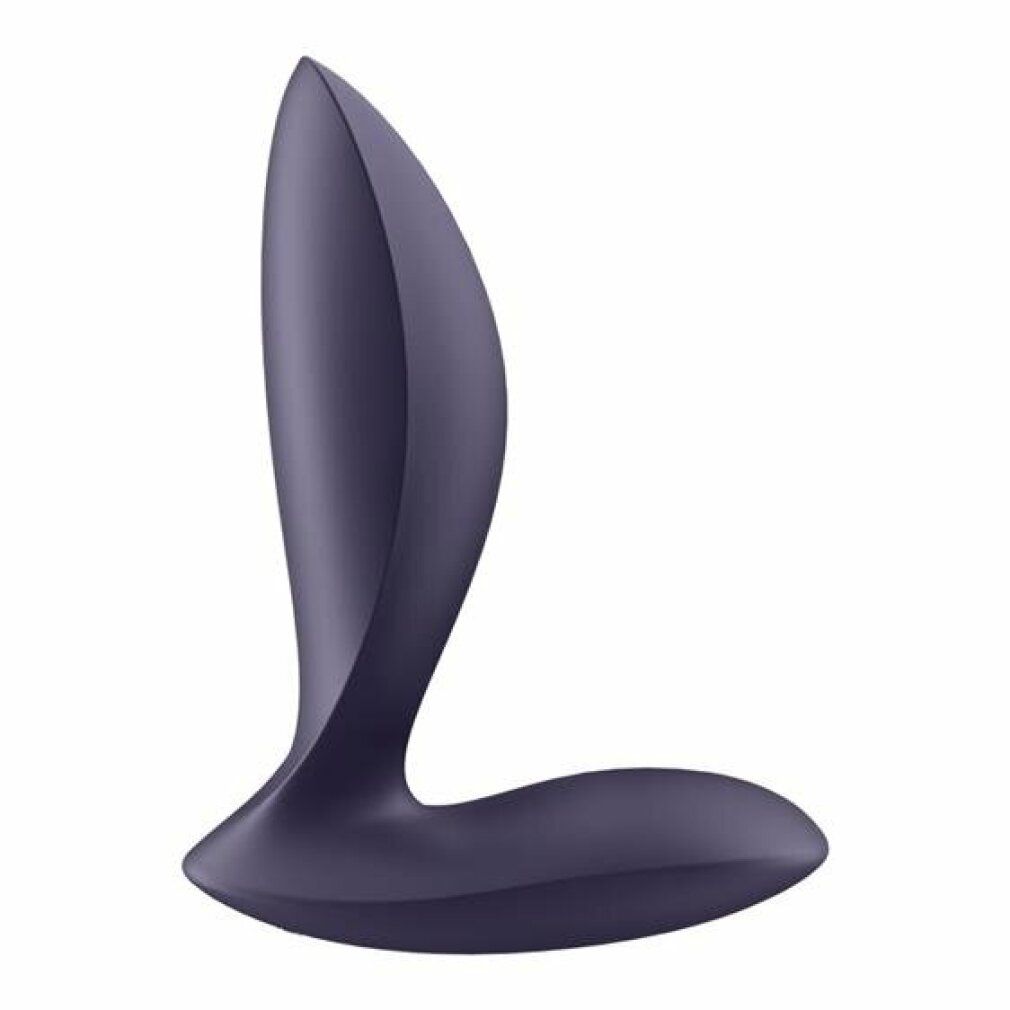 Violetter Anal-Vibrator. Tropfenförmiger Kopf, geschwungener Schaft, breite Basis. Glatte Oberfläche.