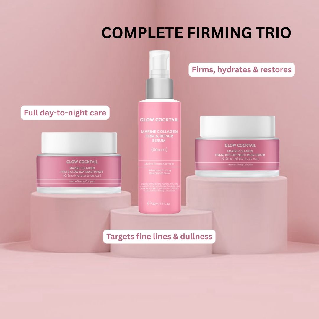 Rosa Flasche und Tiegel. Aufschrift: Glow Cocktail, Marine Collagen. Serum, Tages- und Nachtcreme. Komplettes Pflegeset.