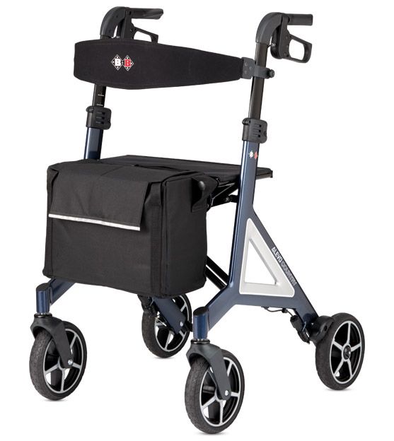 Rollator mit schwarzem Sitz, Korb und Rädern. Alevo Country Schriftzug.