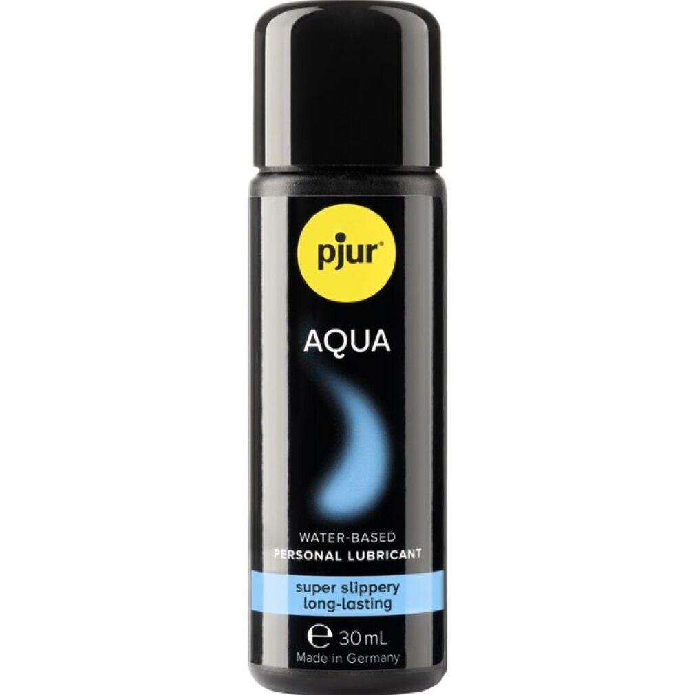 Schwarze Flasche mit schwarzem Deckel. Aufschrift: pjur AQUA, Wasserbasiertes Gleitmittel, super glatt, langanhaltend. Made in Germany.