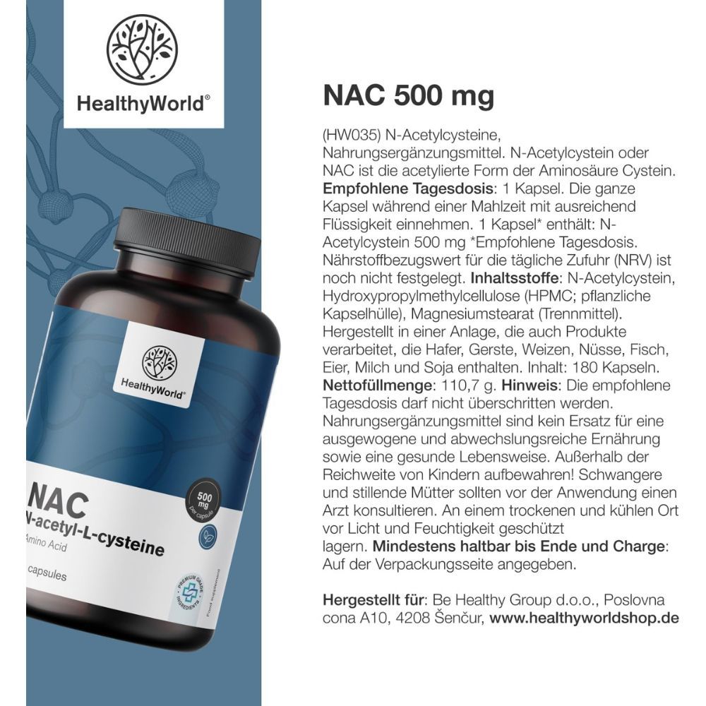 Produktbeschreibungstext. Aufschrift: NAC 500 mg, 180 Kapseln. Marke: HealthyWorld. Enthält Informationen zu Inhaltsstoffen und Anwendung.