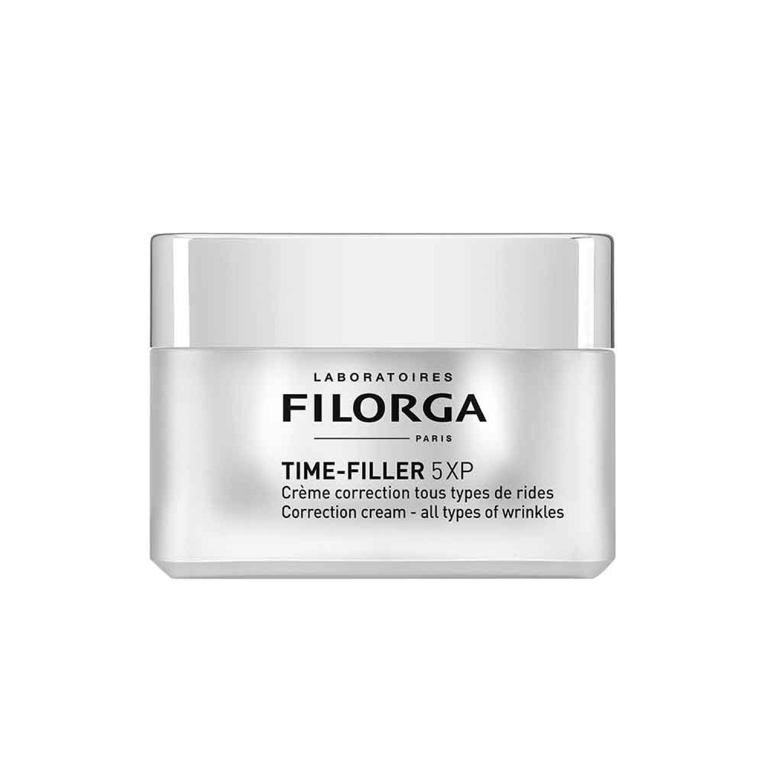 Creme-Tiegel mit weißem Deckel. Aufschrift: FILORGA, TIME-FILLER 5XP, Crème correction tous types de rides, Correction cream - all types of wrinkles.