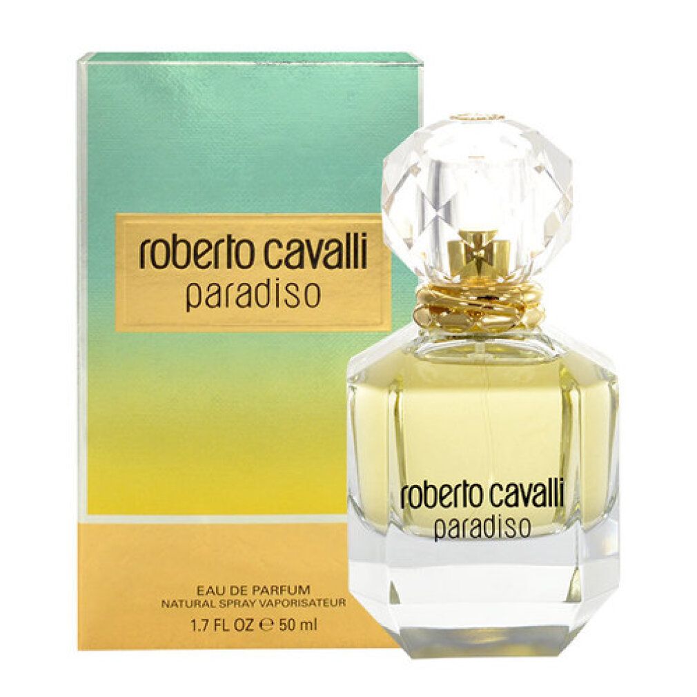 Parfümflakon und Schachtel. Flakon mit goldener Verzierung und Kristallverschluss. Aufschrift: Roberto Cavalli Paradiso. Schachtel mit Logo.