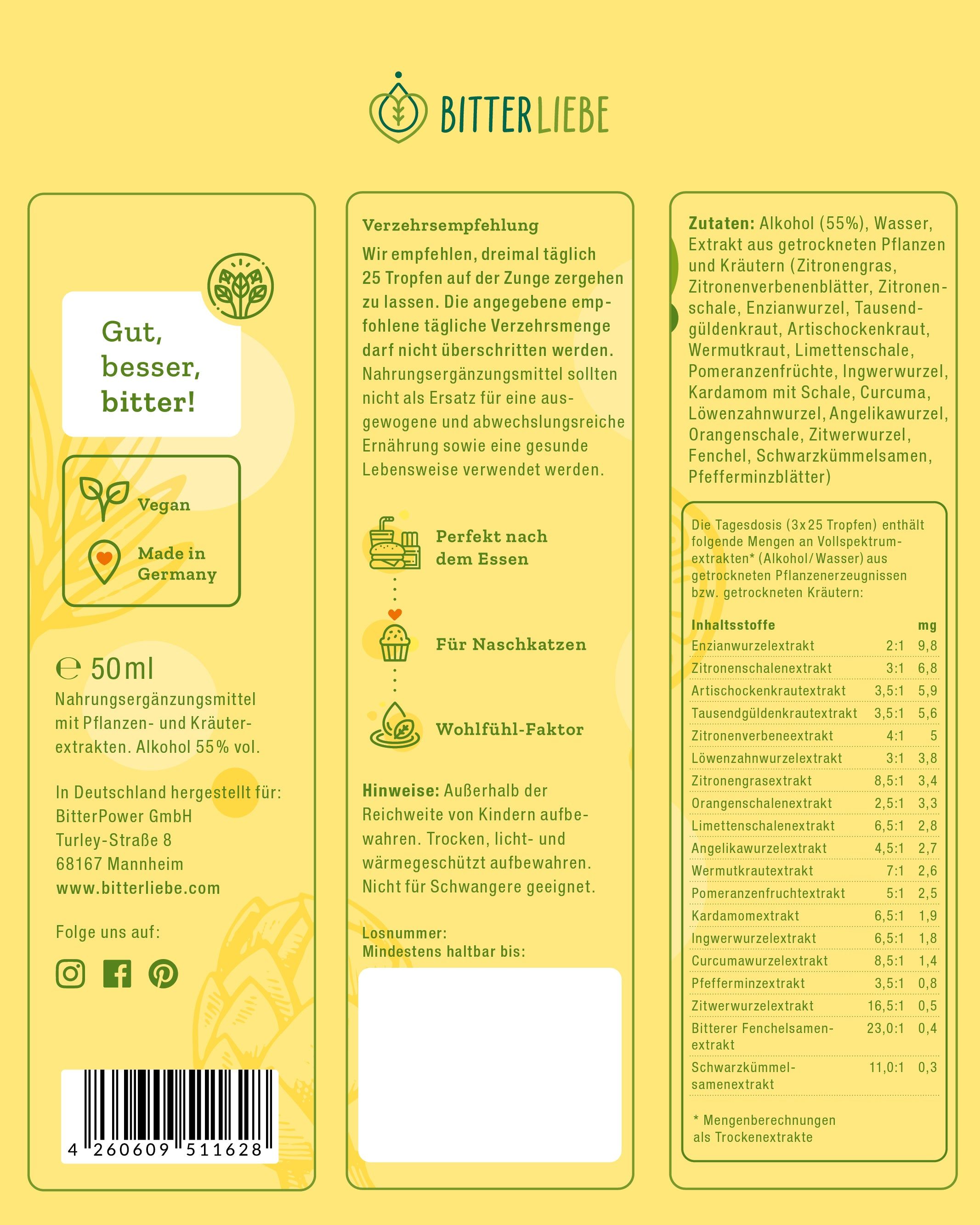 Rückseite der BitterLiebe Tropfen Sommer Edition Flasche. Text, Inhaltsstoffe, Hinweise, Logo, vegan.