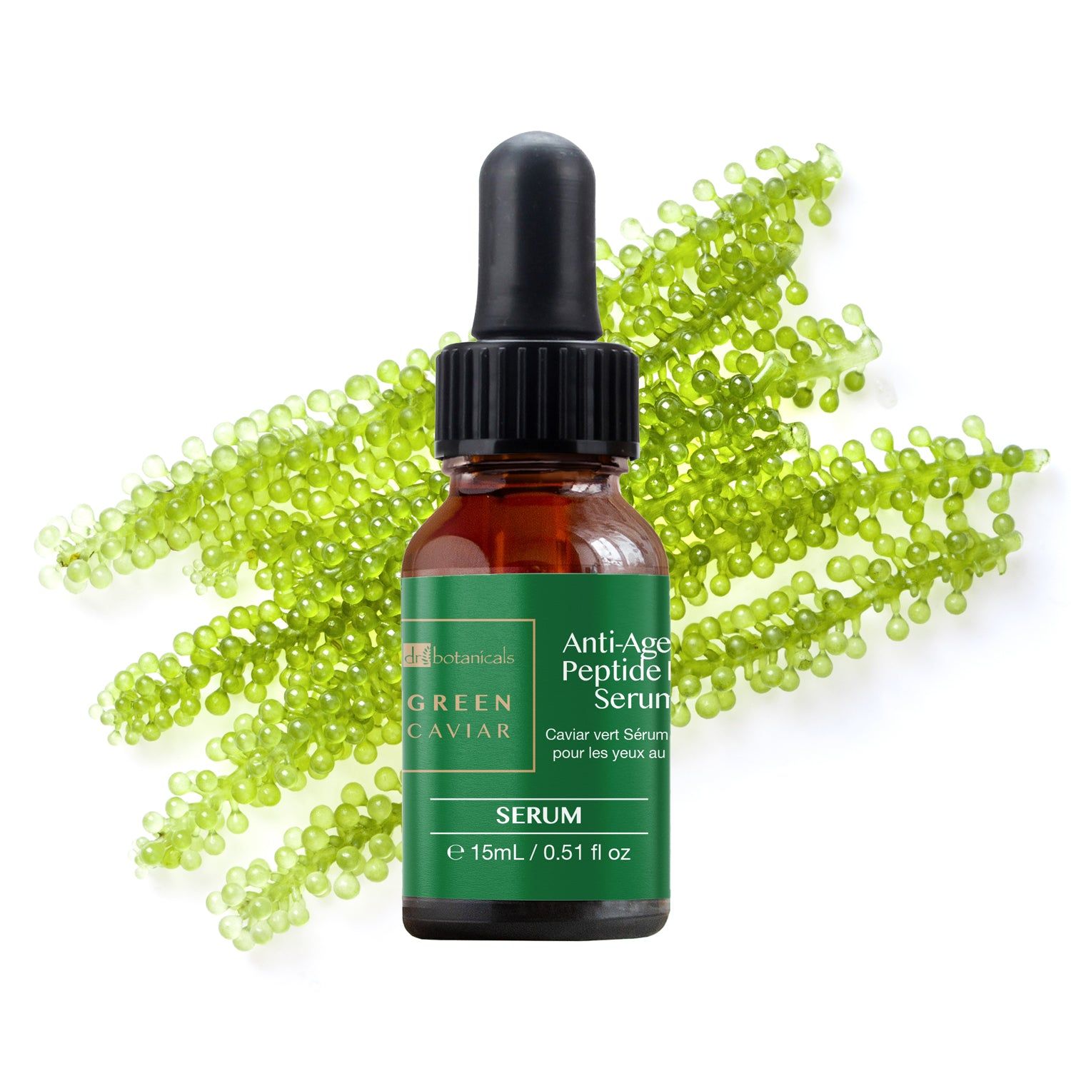 Braune Serumflasche mit grüner Beschriftung: Green Caviar Anti-Ageing Peptide Eye Serum. Tropfer. Grüner Hintergrund.