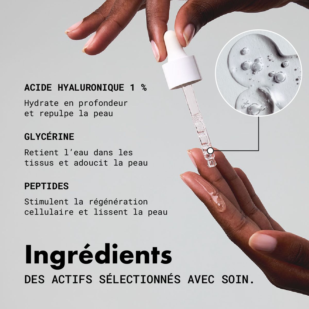 Inhaltsstoffe: Hyaluronsäure 1%, Glycerin, Peptide. Serumtropfen auf Finger. Text: Sérum Hydratation Intense.