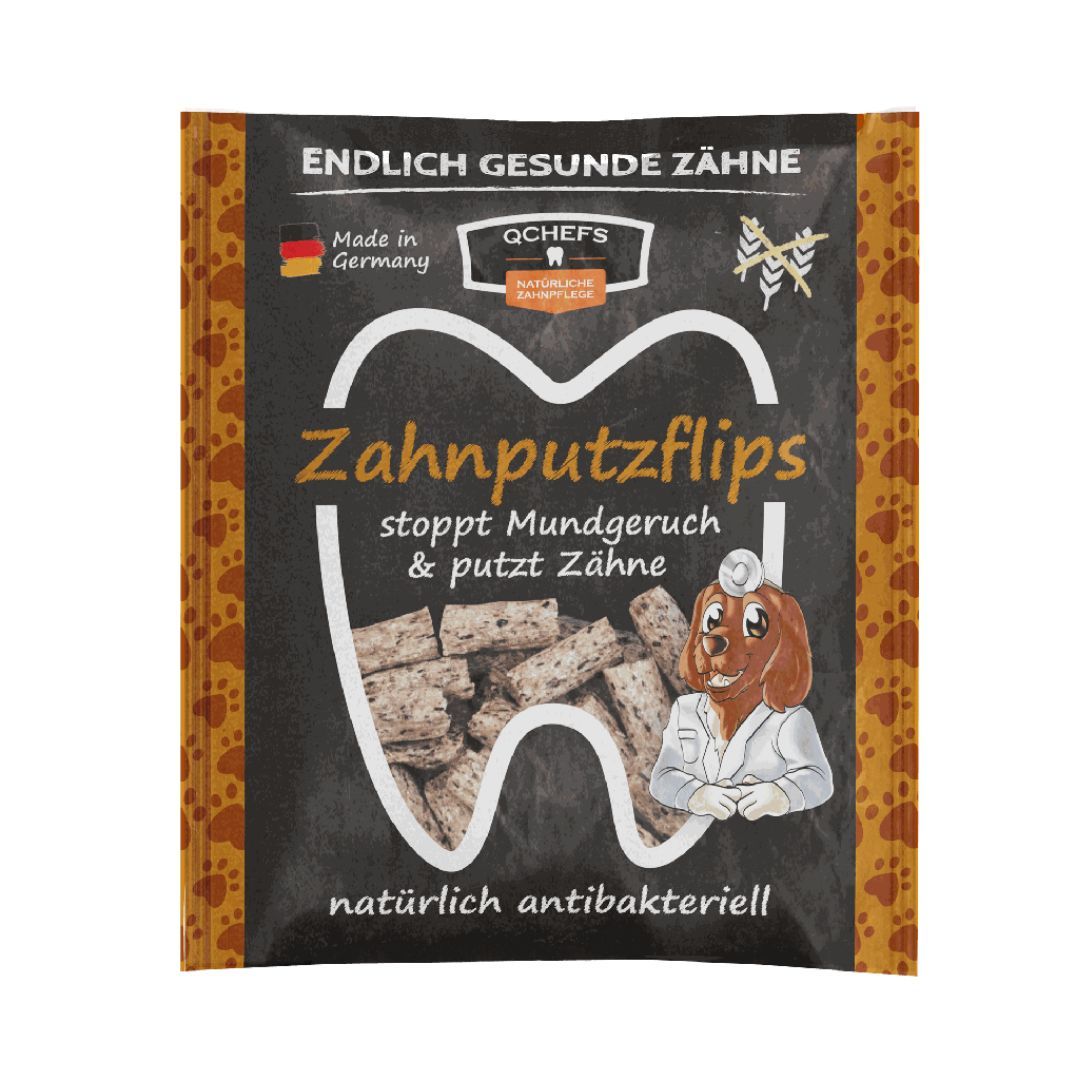 Verpackung von QCHEFS Zahnputzflips. Text: Endlich gesunde Zähne, stoppt Mundgeruch & putzt Zähne. Cartoon-Hund mit Arztkittel.