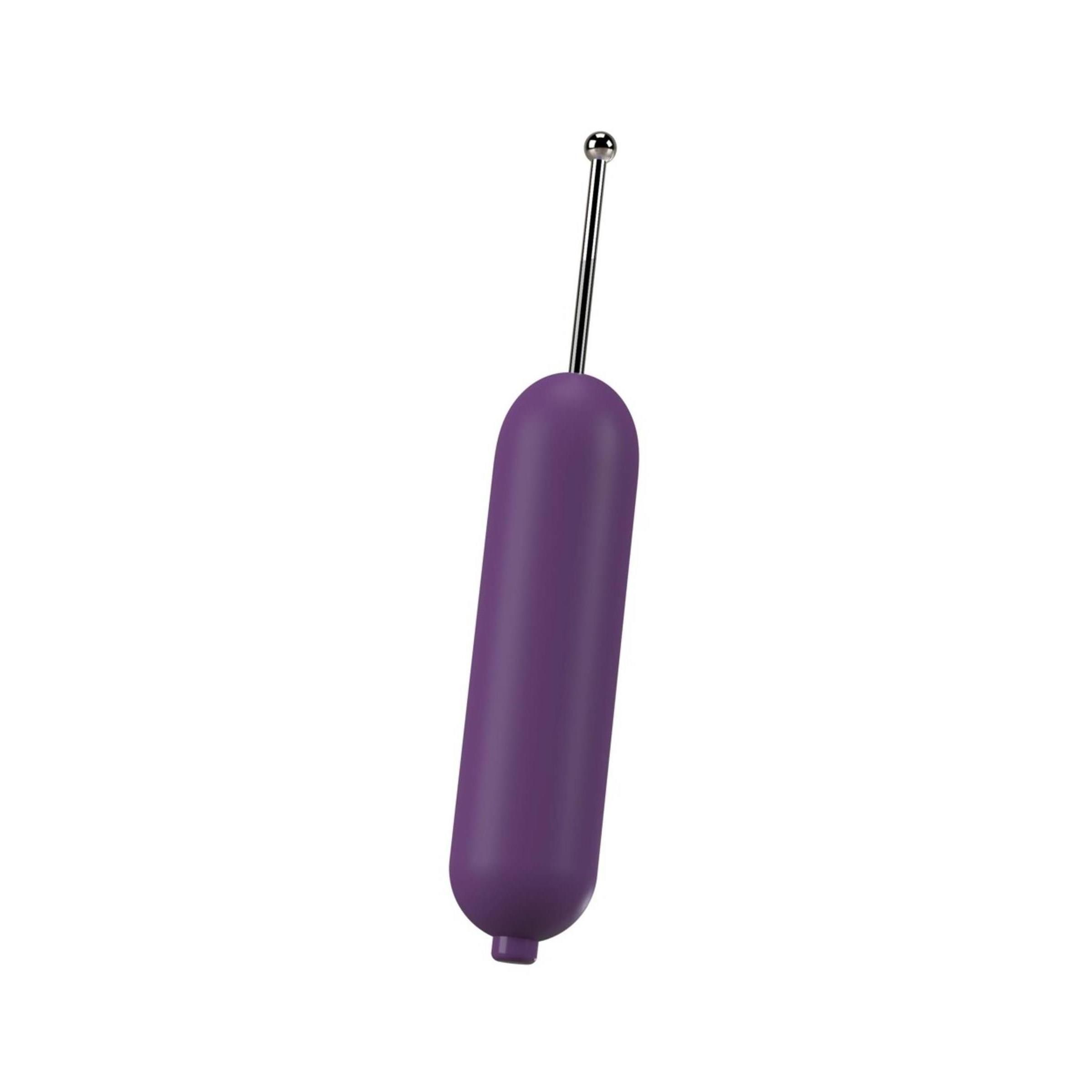 Lila Vibrator mit silbernem Stab und Kugel. Zylindrische Form mit abgerundeten Enden. Auf weißem Hintergrund.