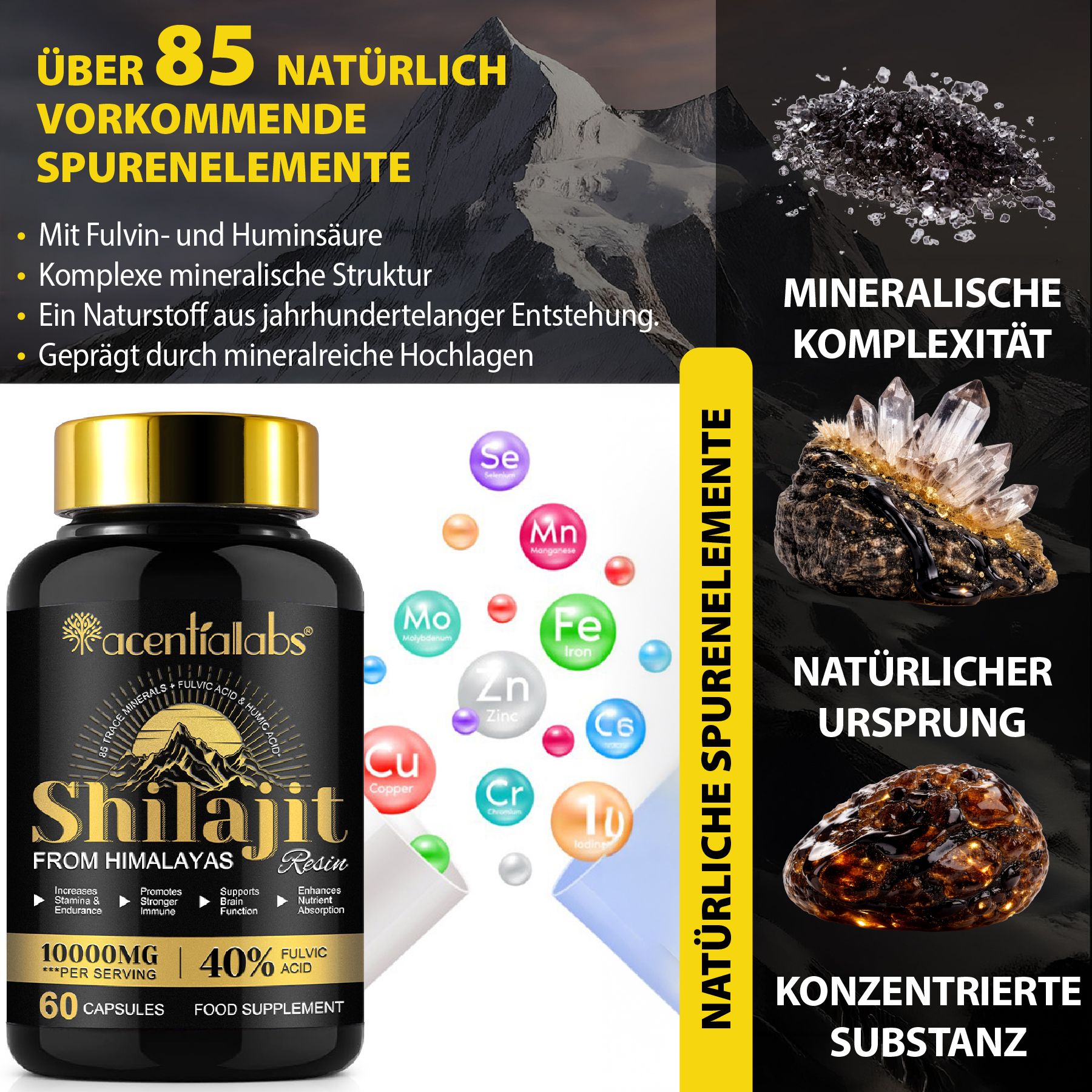 Schwarze Kapsel-Dose mit goldenem Deckel. Aufschrift: Shilajit, 10000mg, 40% Fulvinsäure. 60 Kapseln. Mineralische Elemente und Kristalle.