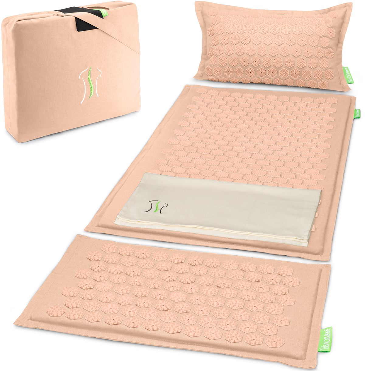 Akupressurmatten-Set. Beige Matte, Kissen, Fußmatte und Tragetasche. Grün Logo. 