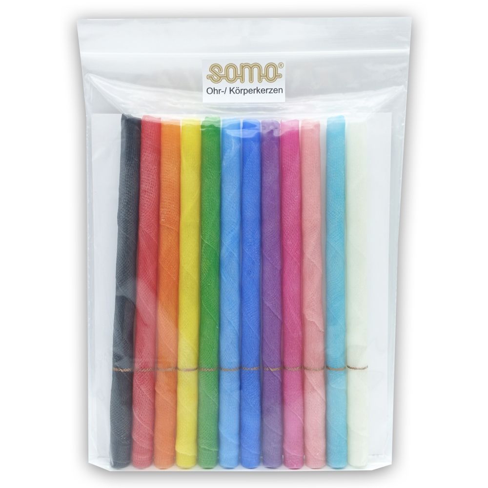 Set Ohr-/Körperkerzen in transparenter Verpackung. Mehrfarbige Kerzen, gebündelt. Aufdruck: SOMO Ohr-/Körperkerzen.