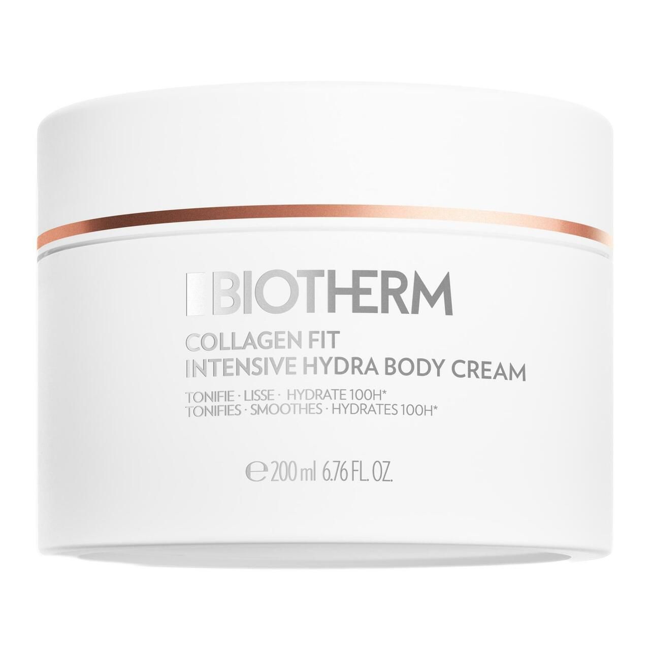 BIOTHERM Collagen Fit Intensive Hydra Body Cream. Weißer Tiegel mit Deckel. Goldener Zierstreifen. Text auf dem Etikett.