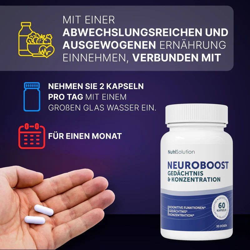 Hand hält zwei Kapseln neben Dose Neuro Boost. Anweisung: 2 Kapseln pro Tag mit Wasser. Monatliche Einnahme.