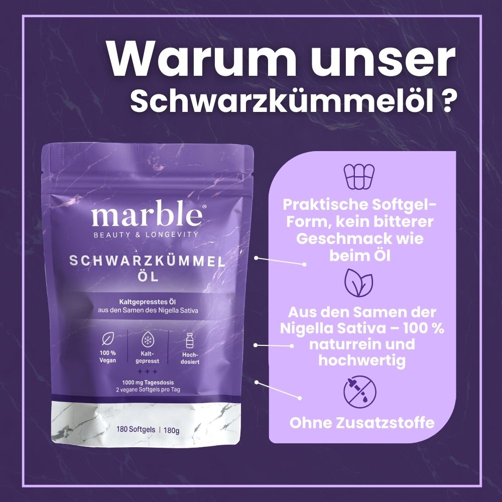 Beutel mit Softgels. Text: marble, Schwarzkümmelöl. Vorteile: Praktische Softgel-Form, kein bitterer Geschmack, aus Nigella Sativa, ohne Zusatzstoffe.