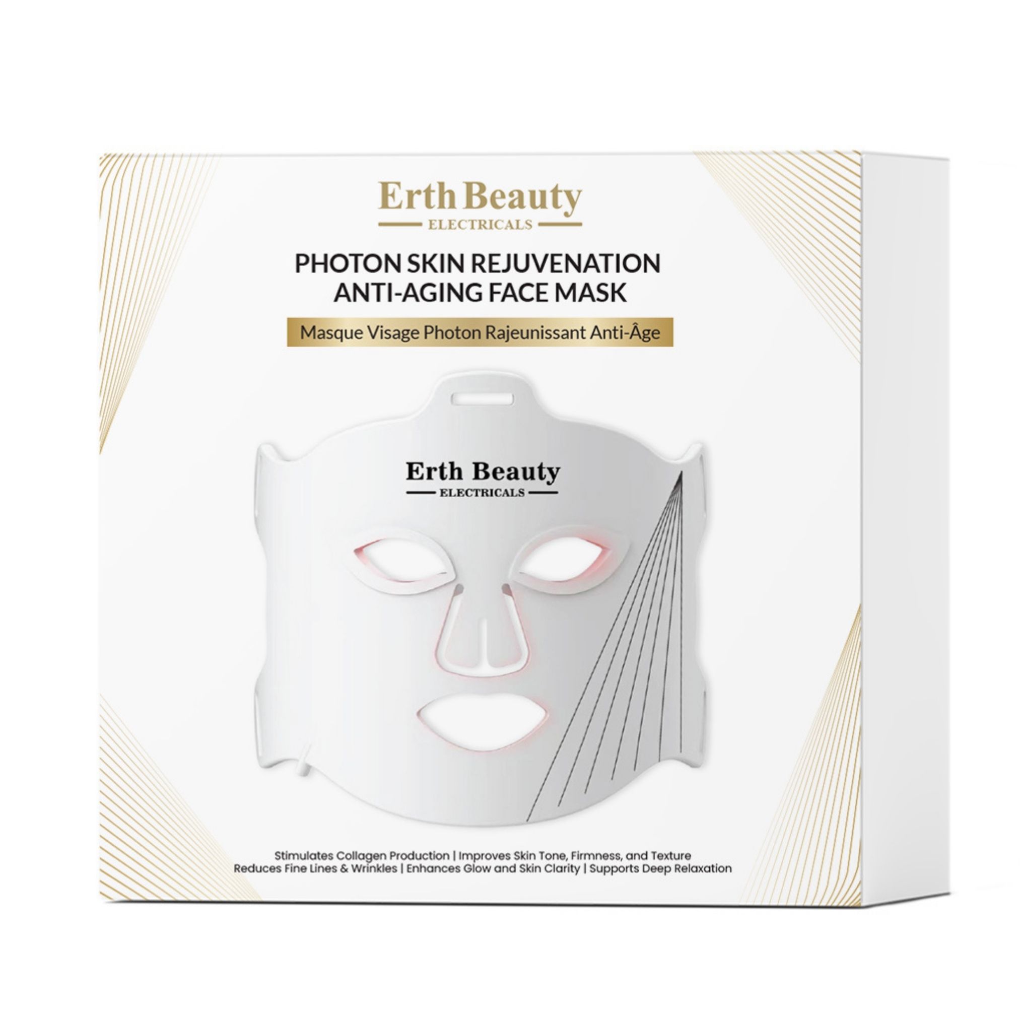 Gesichtsmaske in Verpackung. Erth Beauty, Photon Skin Rejuvenation Anti-Aging Face Mask. Text in Englisch und Französisch.