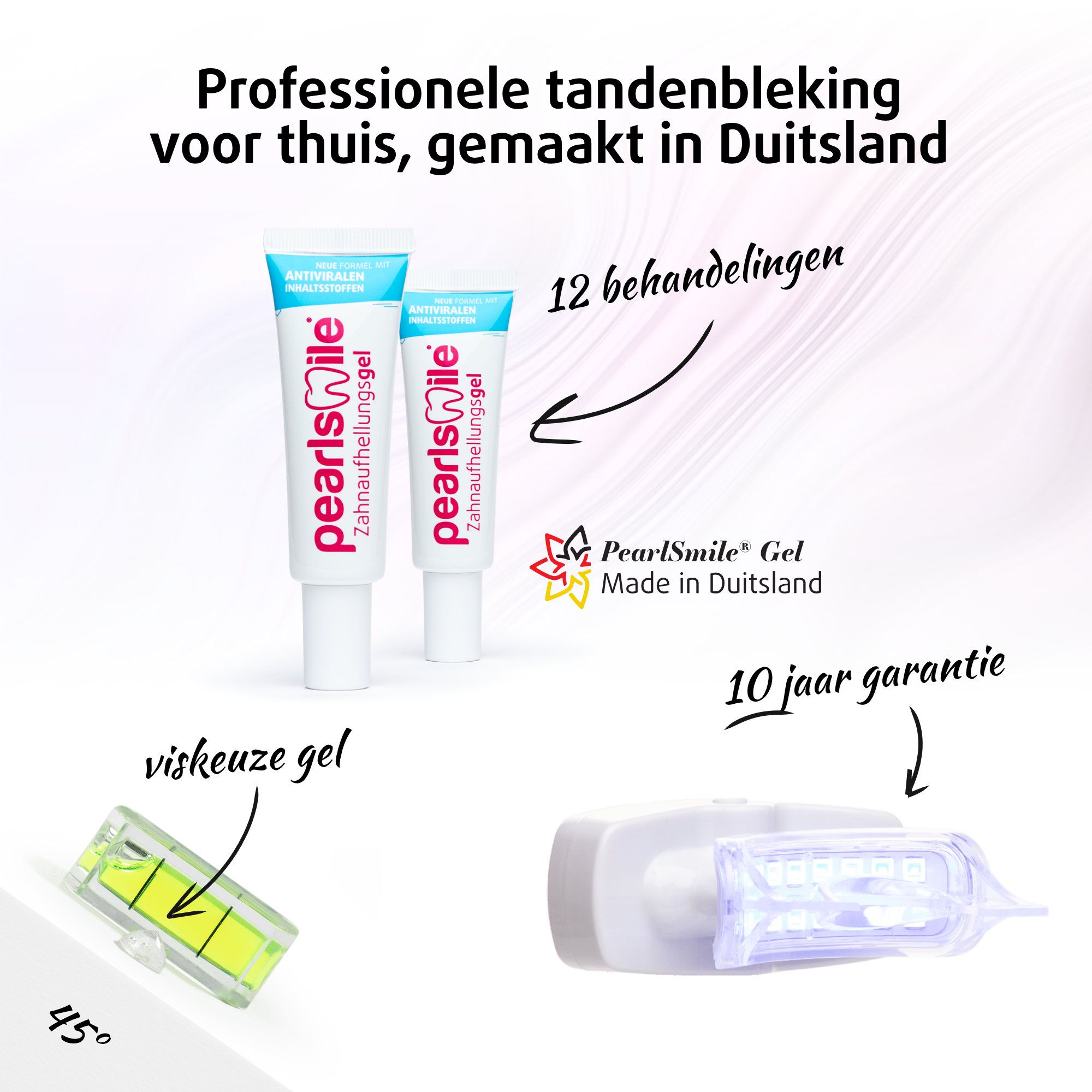 Vrouw met mondstuk leest boek. Verschillende tanden tonen voor- en na-effect. Tot 9 tinten lichter.