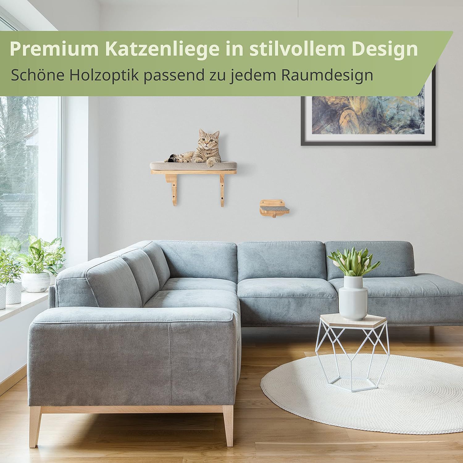 WOOWOOD® Kletterwand für Katzen aus Massivholz inkl. 2 Katzentreppen und Katzenbett