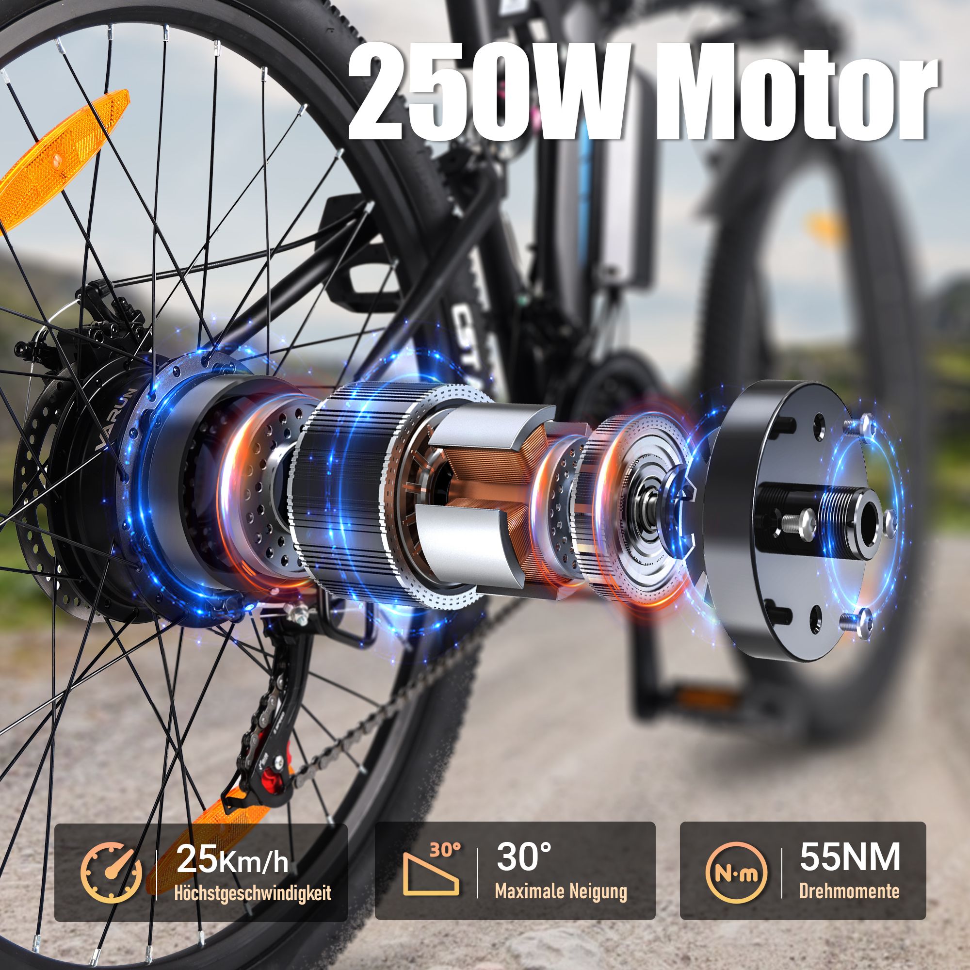 E-Bike-Motor mit 250W. Geschwindigkeitsanzeige 25km/h. Drehmoment 55NM. Maximale Neigung 30 Grad. Details des Hinterrads.