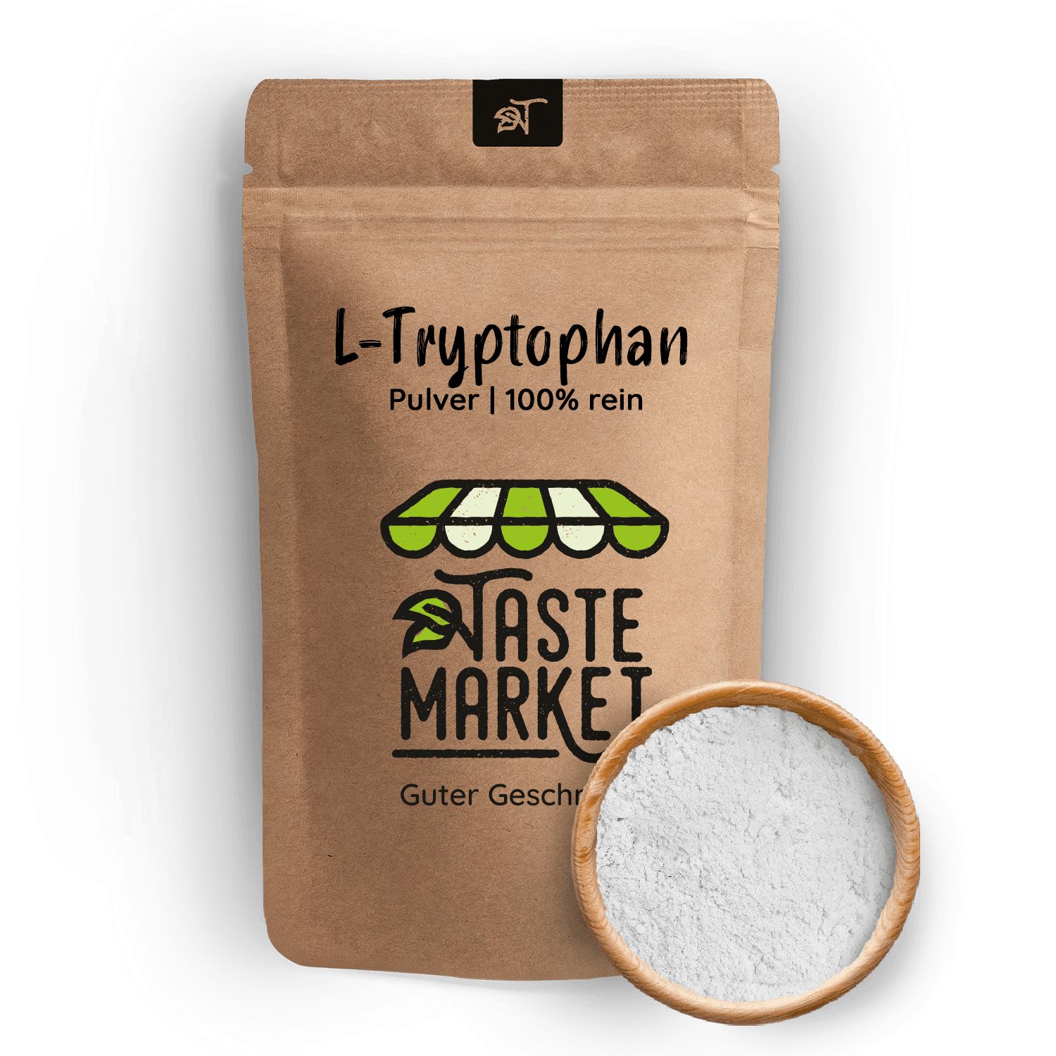 Beutel mit L-Tryptophan-Pulver. Aufschrift: Taste Market, L-Tryptophan, 100% rein. Braune Verpackung. Daneben eine Schale mit weißem Pulver.